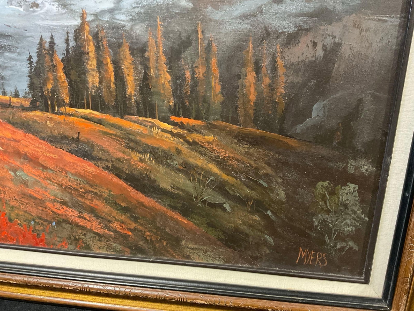 Large Framed Oil on Canvas Painting, Mt Rainier, signed by artist Myers, 33x57 inch - 4