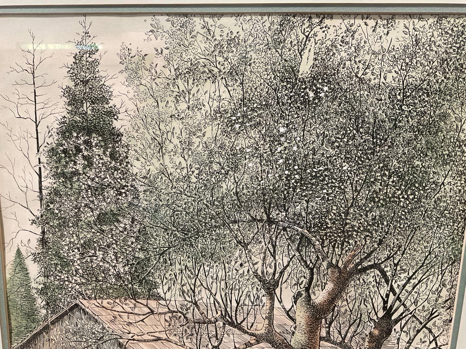 Framed Signed Handcolored Pen Drawing, Barn Scene w/White Ducks, by A. Lyall Lush, 31x25 inch - 2