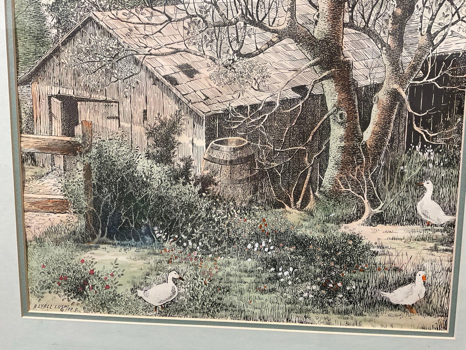 Framed Signed Handcolored Pen Drawing, Barn Scene w/White Ducks, by A. Lyall Lush, 31x25 inch - 3