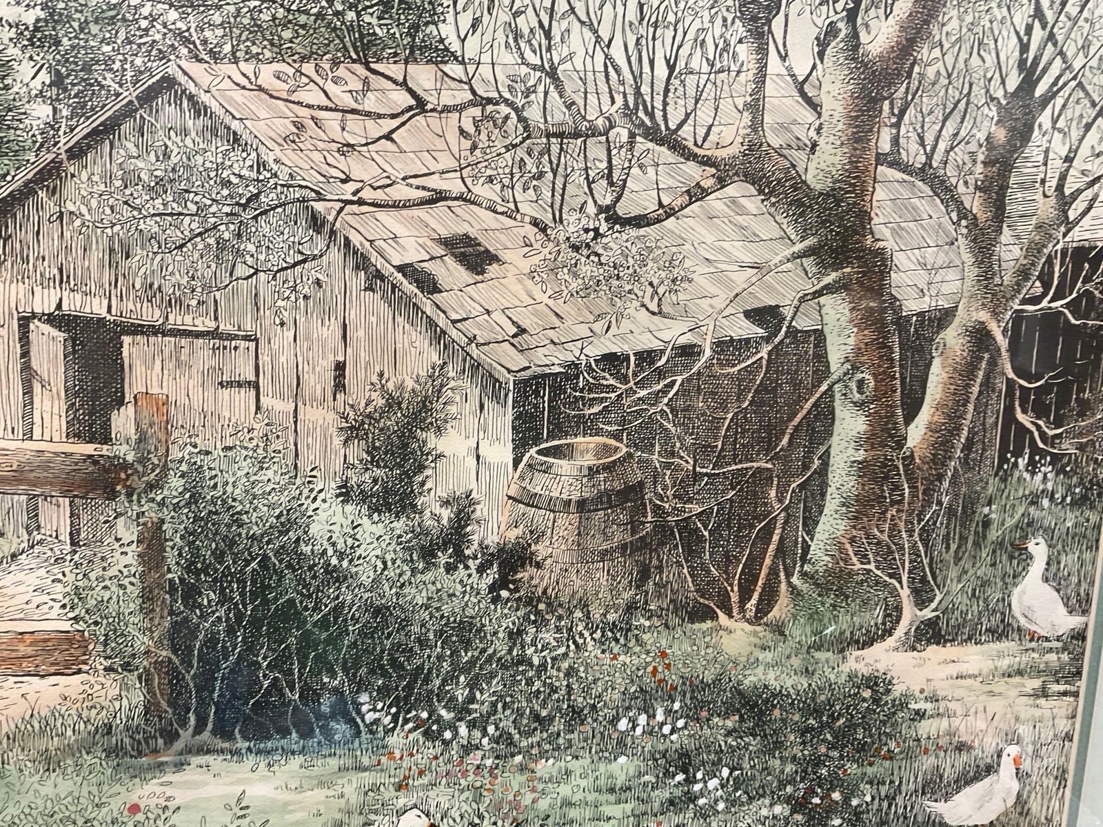 Framed Signed Handcolored Pen Drawing, Barn Scene w/White Ducks, by A. Lyall Lush, 31x25 inch - 5