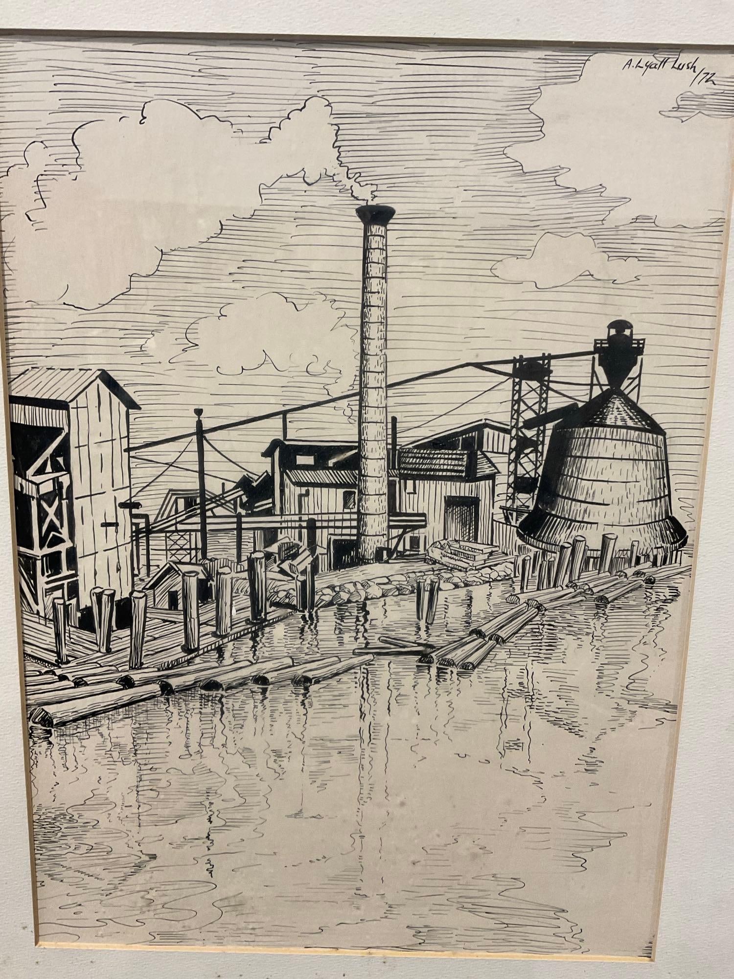 Framed Pen Drawing Litho, Riverside Log Run, Logging Industry by A. Lyall Lush, 22x17 inch - 2