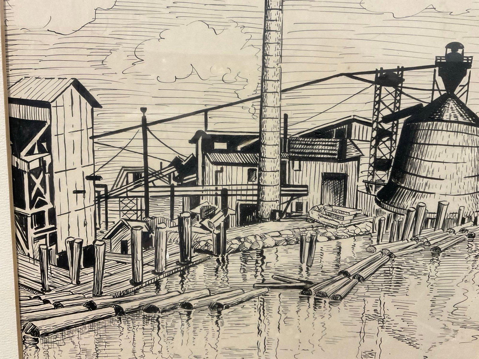 Framed Pen Drawing Litho, Riverside Log Run, Logging Industry by A. Lyall Lush, 22x17 inch - 4