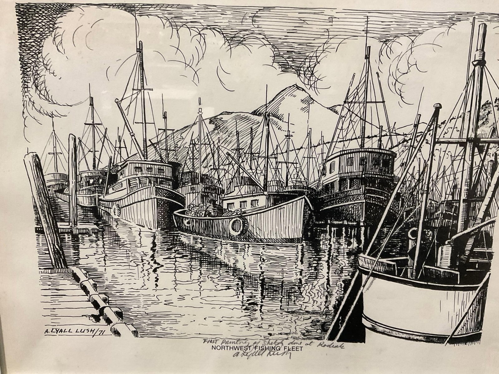 Framed Pen Drawing Litho, titled Northwest Fishing Fleet by A. Lyall Lush, 14x18 inch - 2