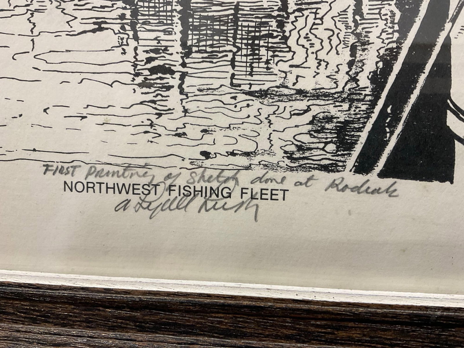 Framed Pen Drawing Litho, titled Northwest Fishing Fleet by A. Lyall Lush, 14x18 inch - 4
