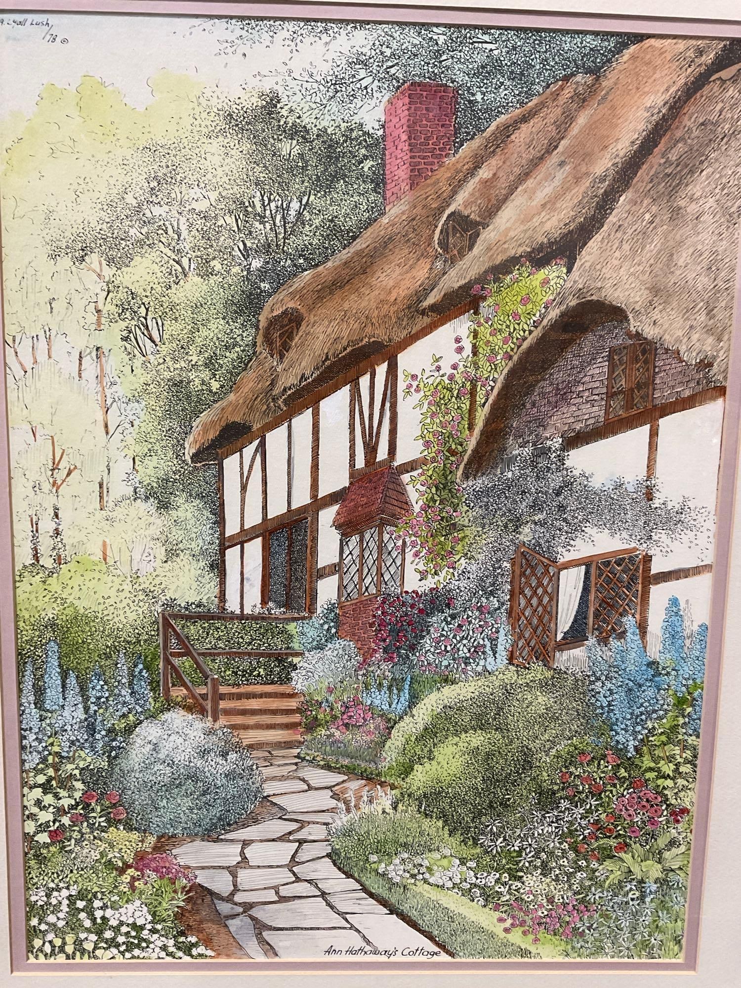 Framed Signed Lithograph, Ann Hathaways Cottage by A. Lyall Lush, 31x25 inch - 2