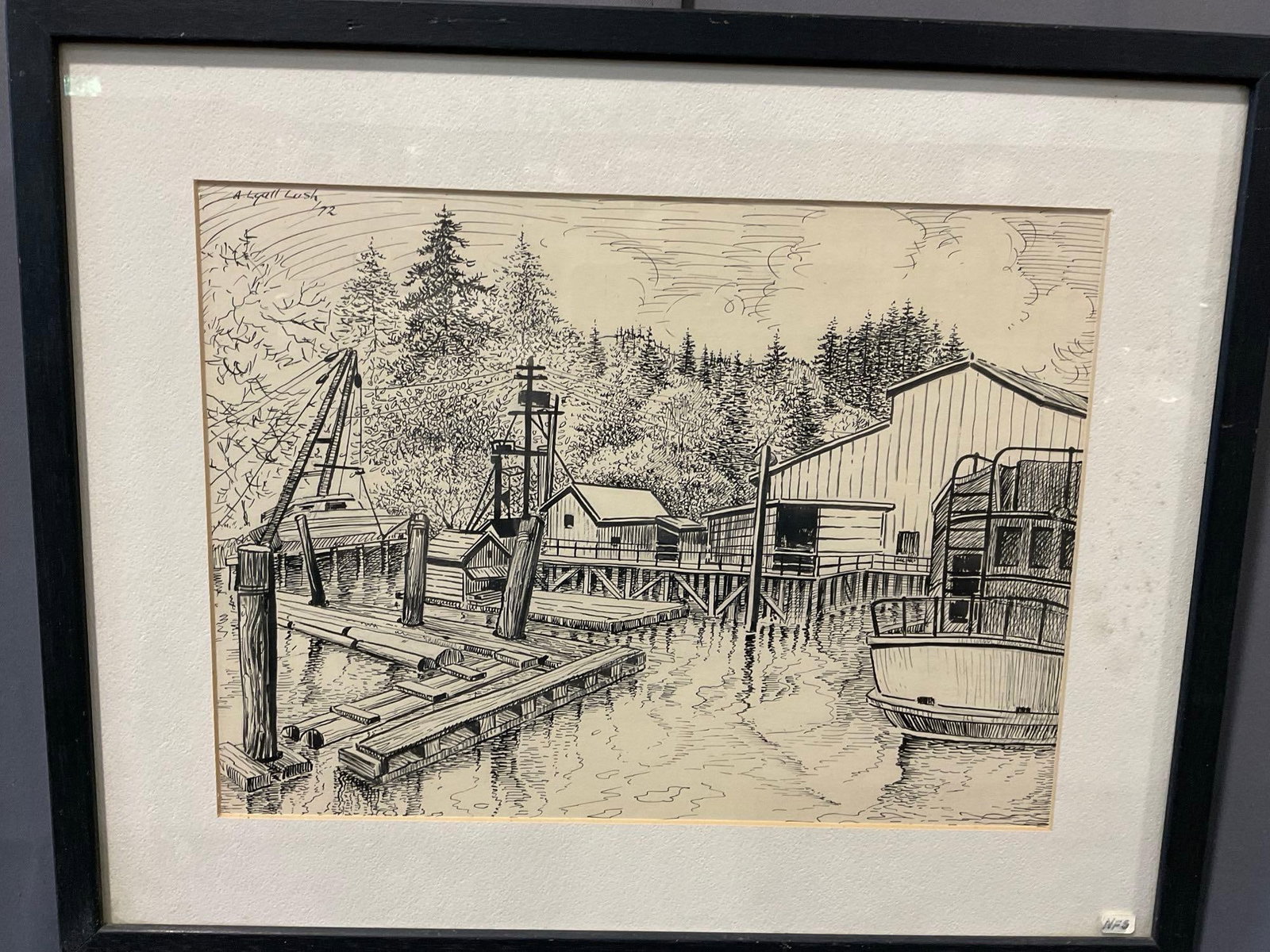 Framed Signed Pen Drawing Lithograph, Marina Docks by A. Lyall Lush, 18x21 inch: Appears to be in good shape. The piece measures approx 18h x 21w x 3d inches. See pics. E-6410