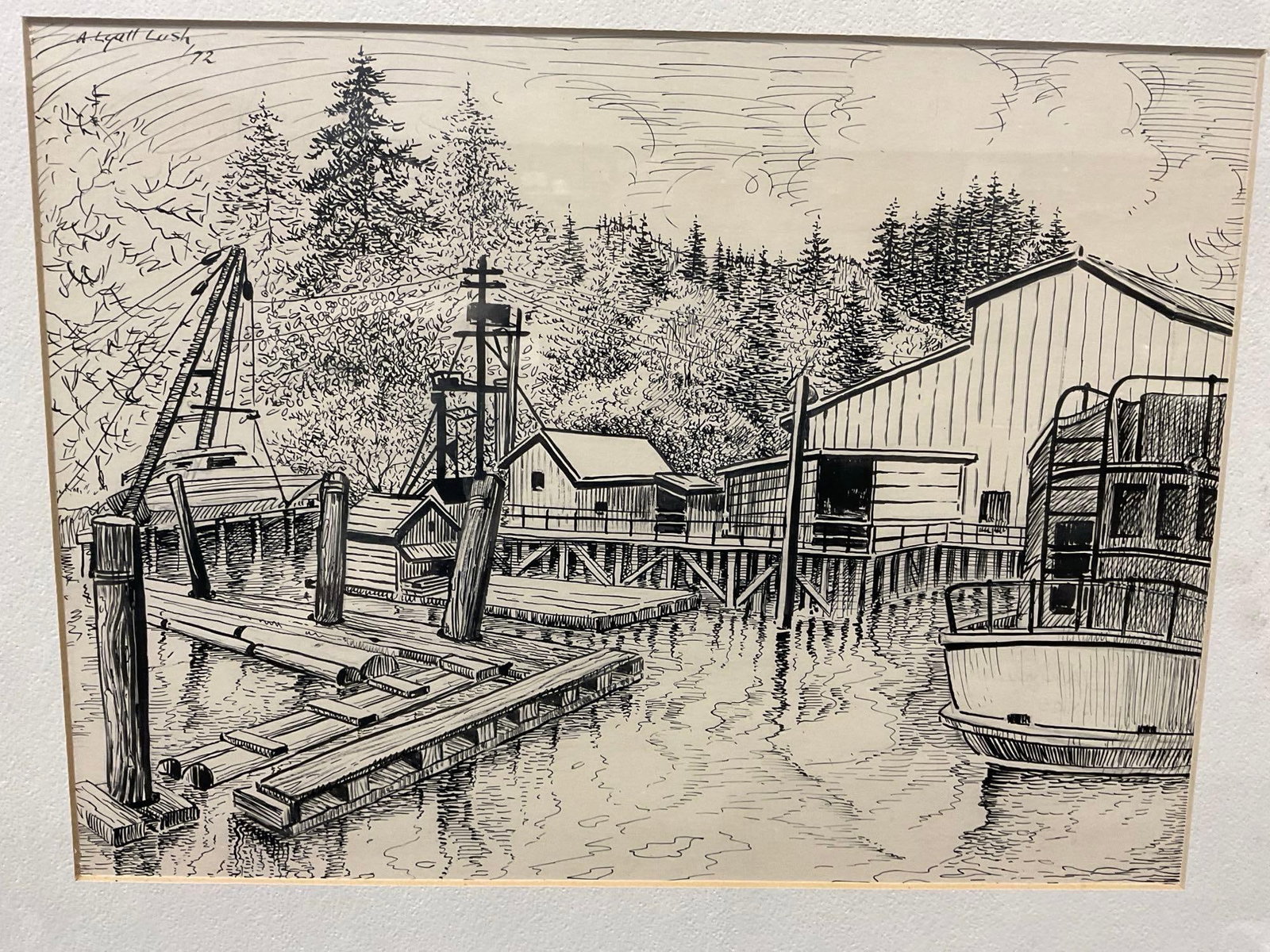 Framed Signed Pen Drawing Lithograph, Marina Docks by A. Lyall Lush, 18x21 inch - 2