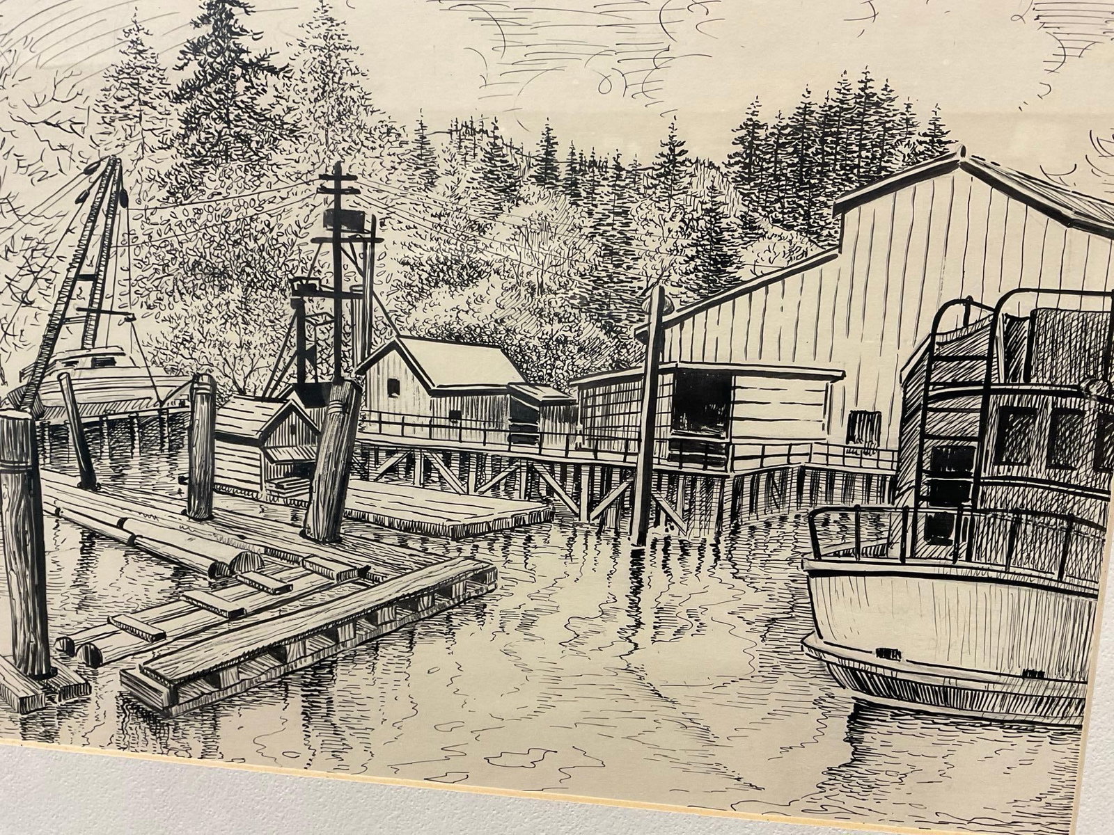 Framed Signed Pen Drawing Lithograph, Marina Docks by A. Lyall Lush, 18x21 inch - 4