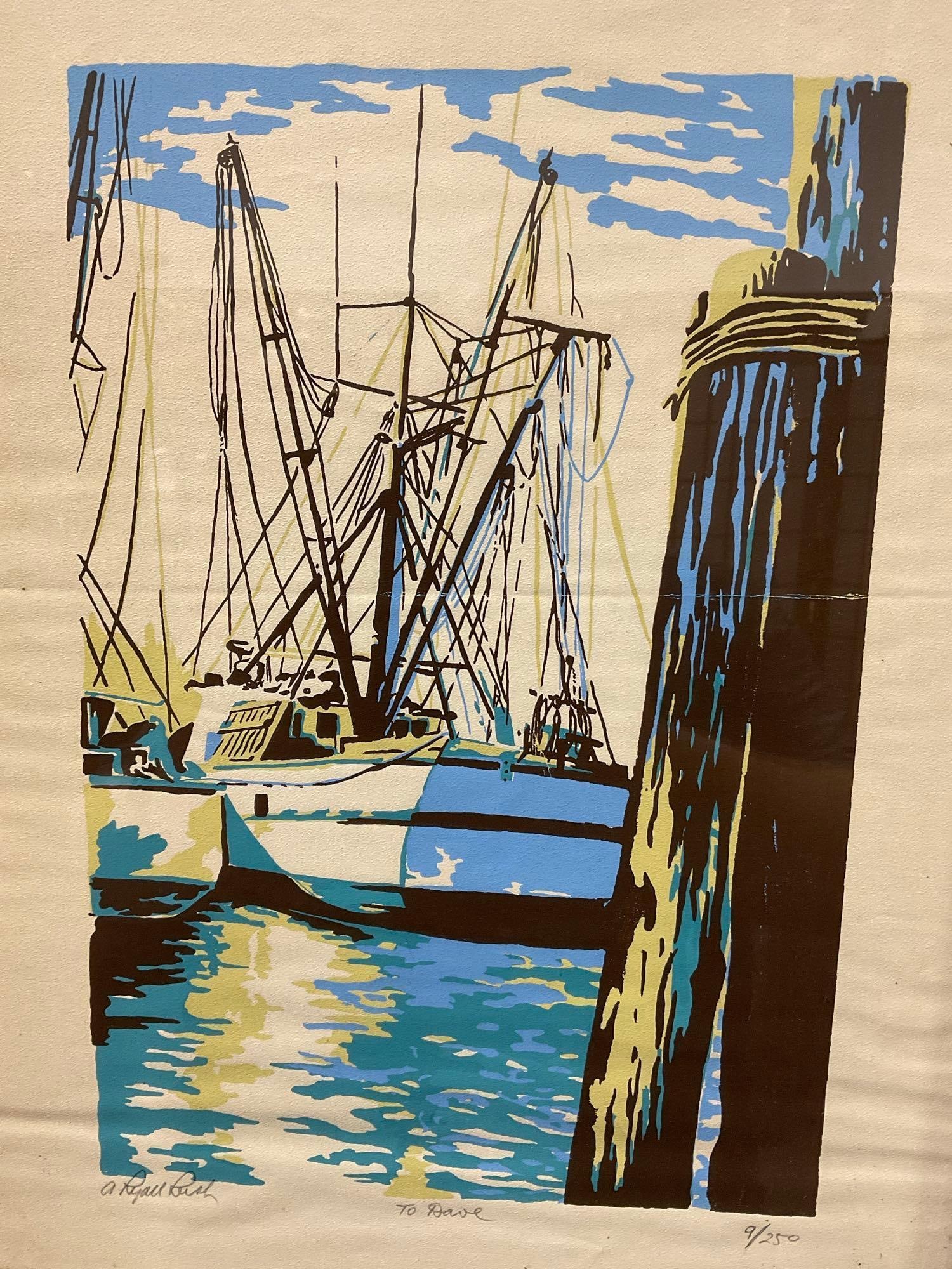 Framed Serigraph Signed & #d 9/250, titled Shrimp Boats by A. Lyall Lush, 21x16 inch - 2