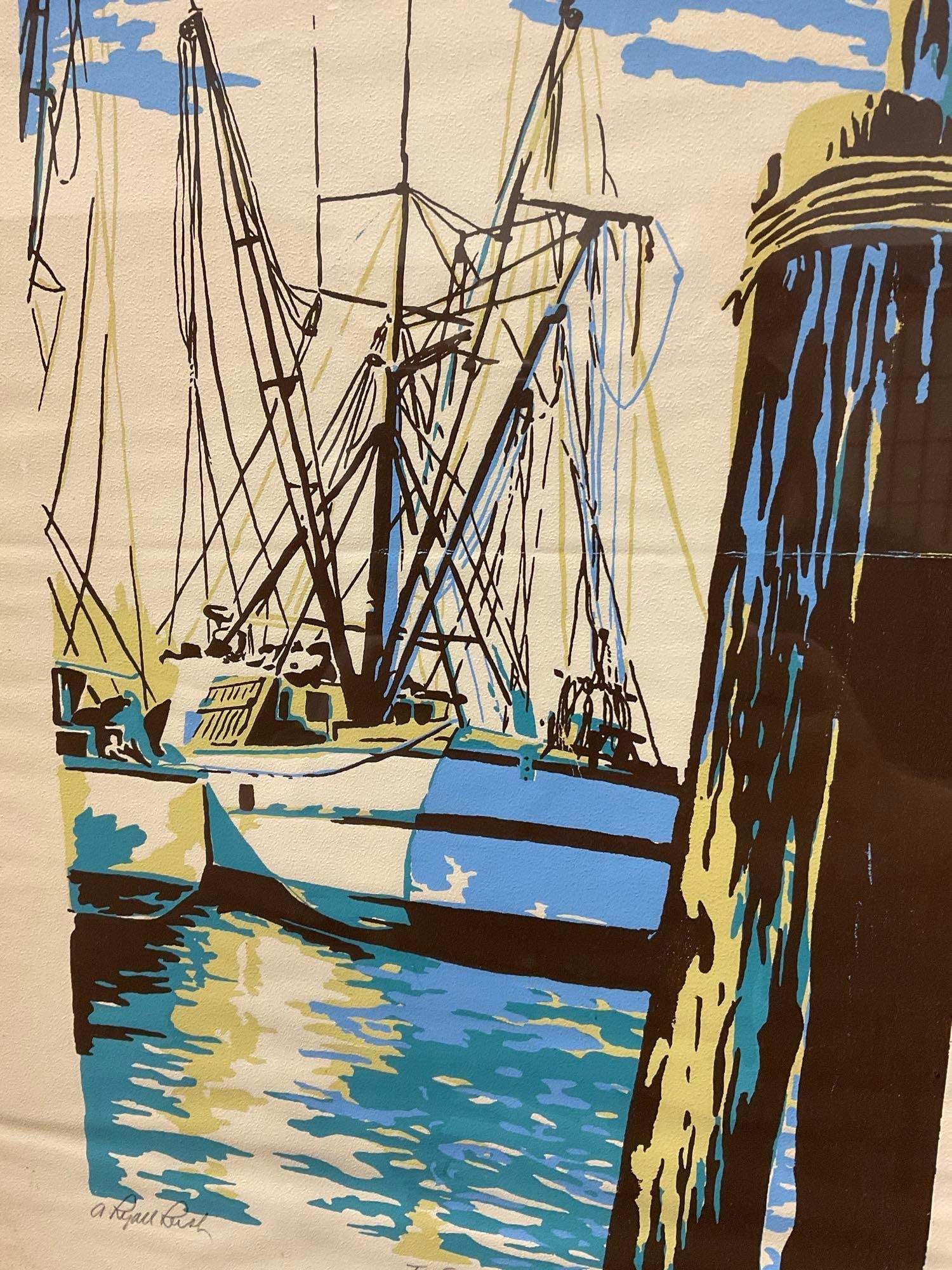 Framed Serigraph Signed & #d 9/250, titled Shrimp Boats by A. Lyall Lush, 21x16 inch - 5