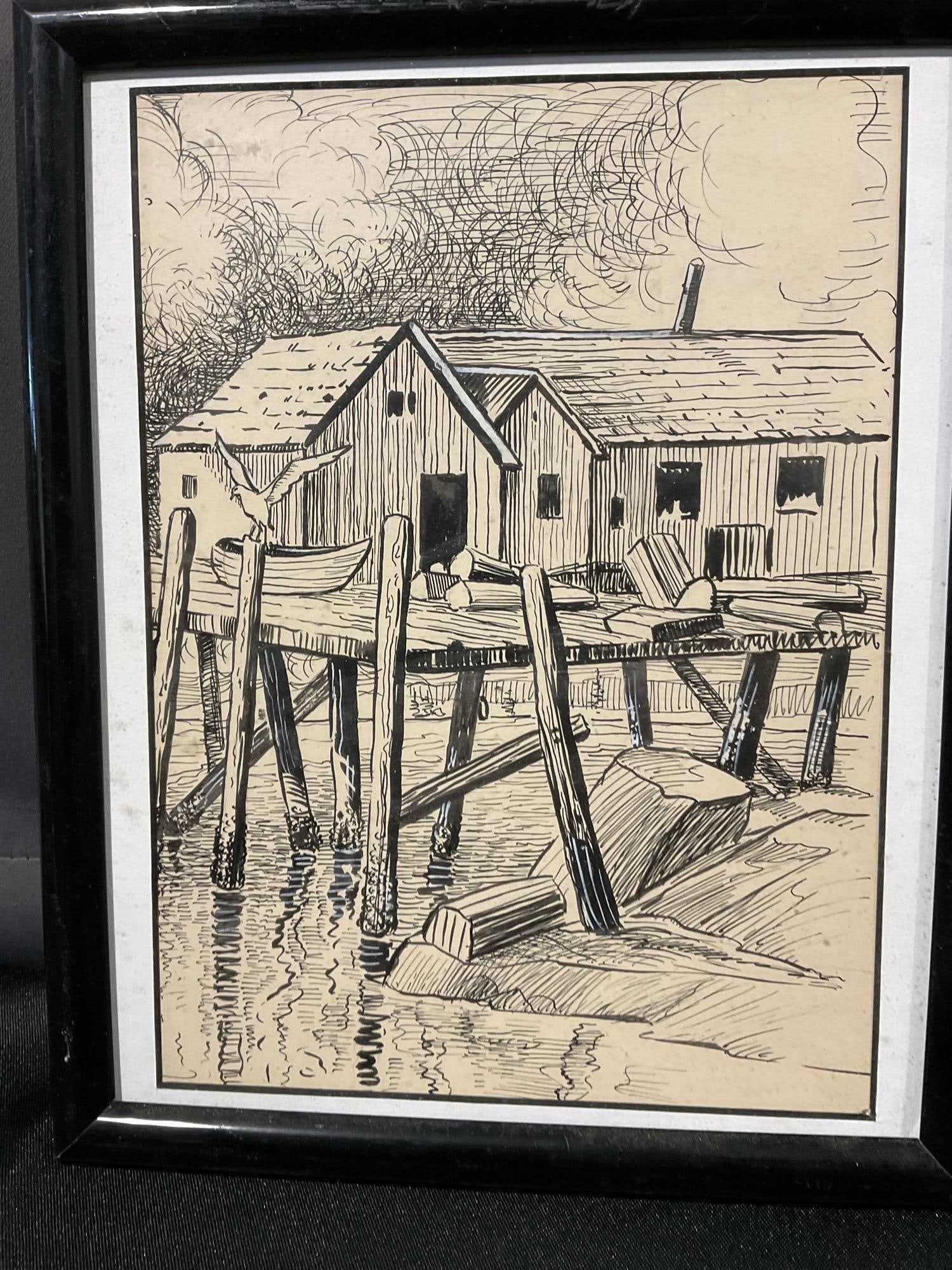 3 Framed Litho Prints, 2x Docks Pen Illustrations & 1x Watercolor, 12x10 inch - 2