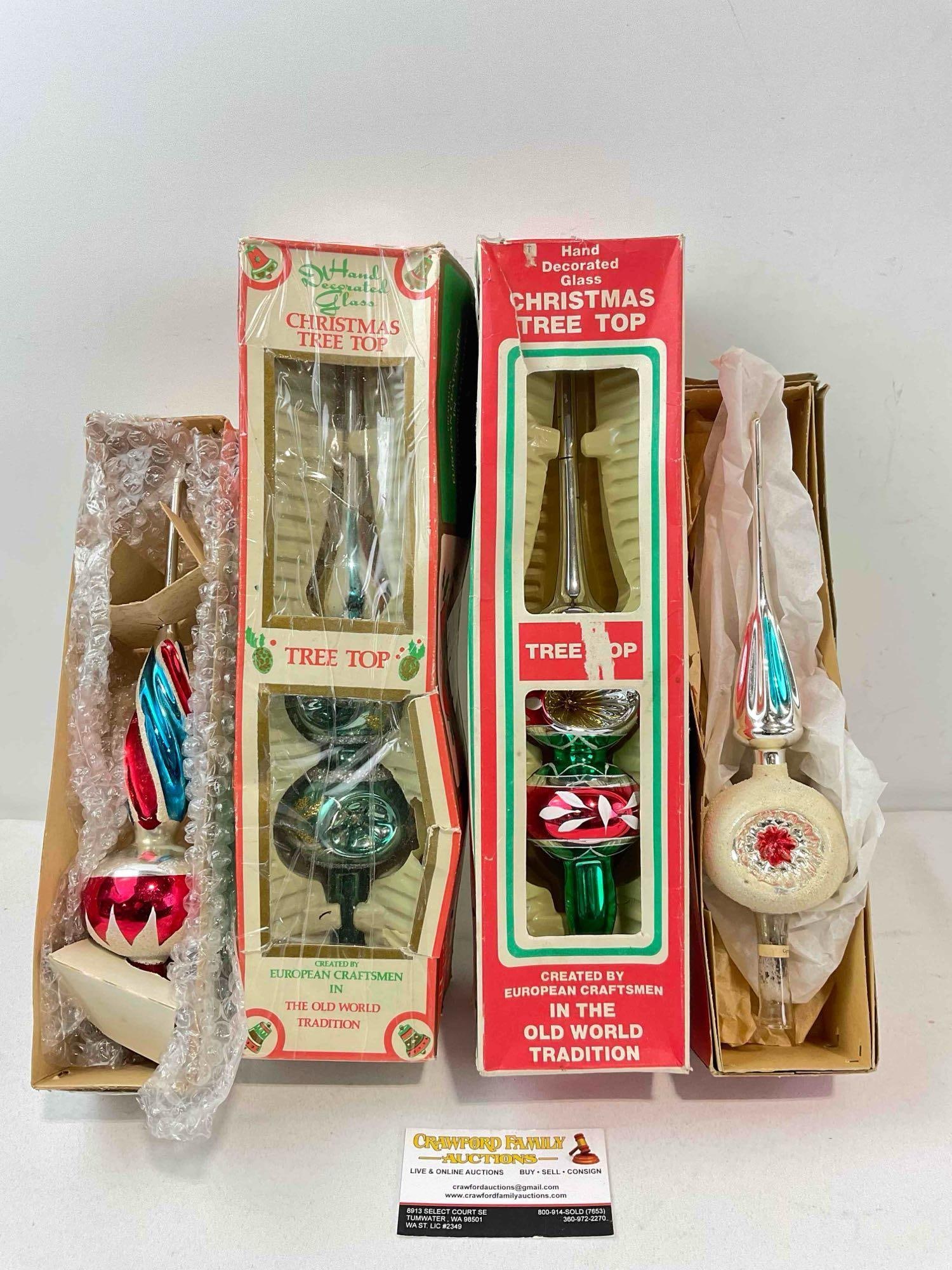 4 pcs Vintage Hand Decorated Glass Christmas Tree Toppers. Fair Condition. See pics.: 4 pcs Vintage Hand Decorated Glass Christmas Tree Toppers. fair Condition. Boxes have wear indicative of age and use, otherwise looks to be in fair condition. Largest measures 4" x 4" x 15" DM-6160