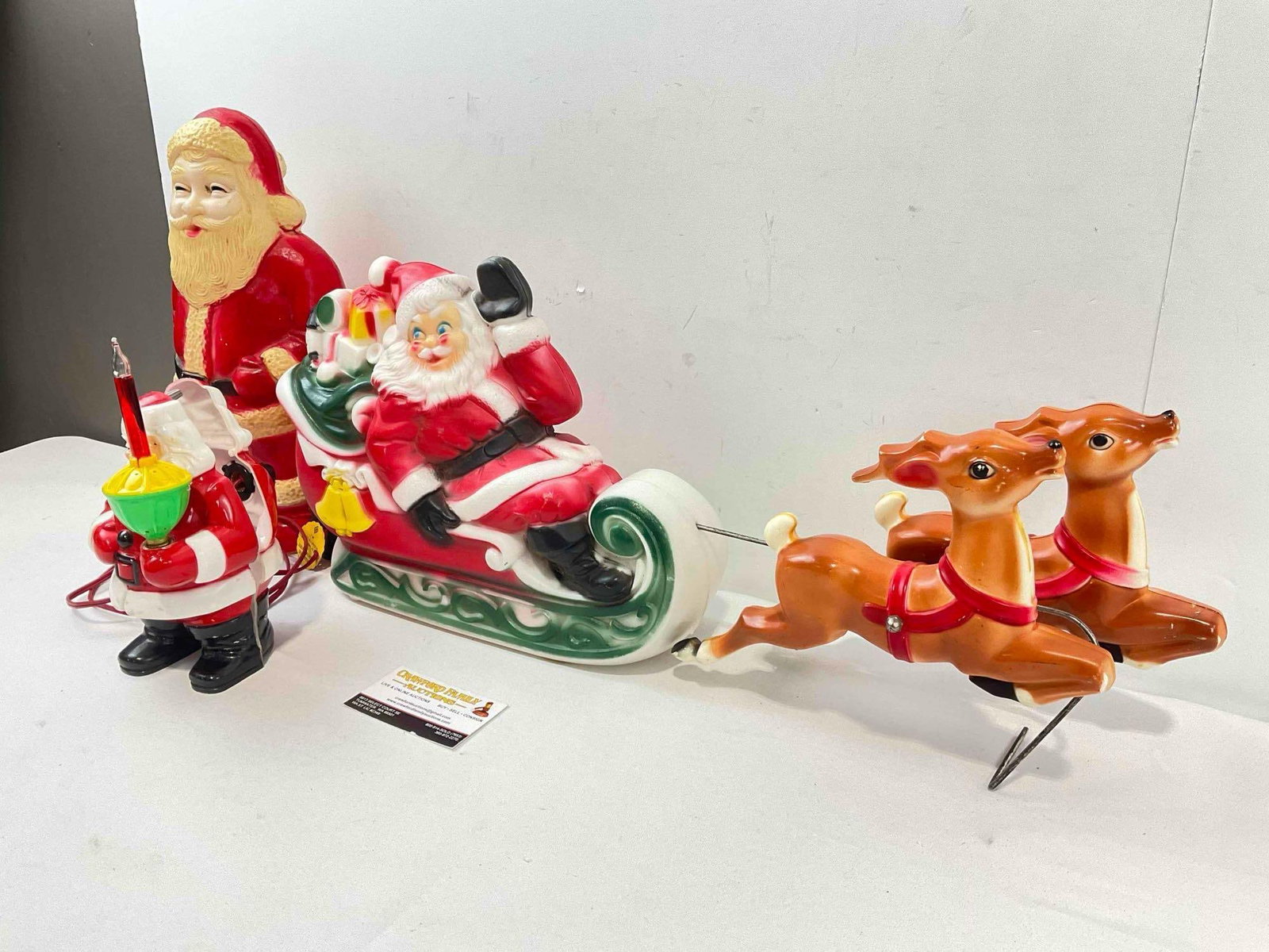3 pcs Vintage Blow Mold Plastic Christmas Decorations, 1x Empire Santa w/ Reindeer Sleigh. - 2