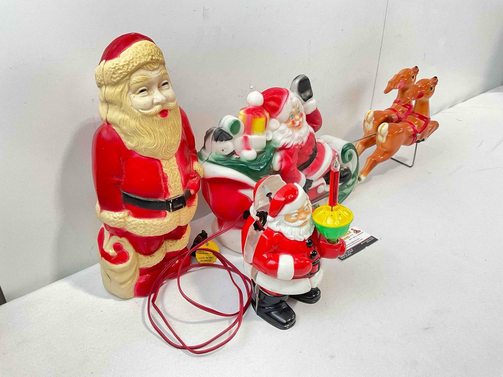 3 pcs Vintage Blow Mold Plastic Christmas Decorations, 1x Empire Santa w/ Reindeer Sleigh. - 3