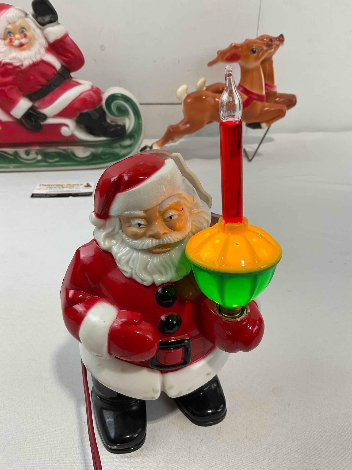 3 pcs Vintage Blow Mold Plastic Christmas Decorations, 1x Empire Santa w/ Reindeer Sleigh. - 5