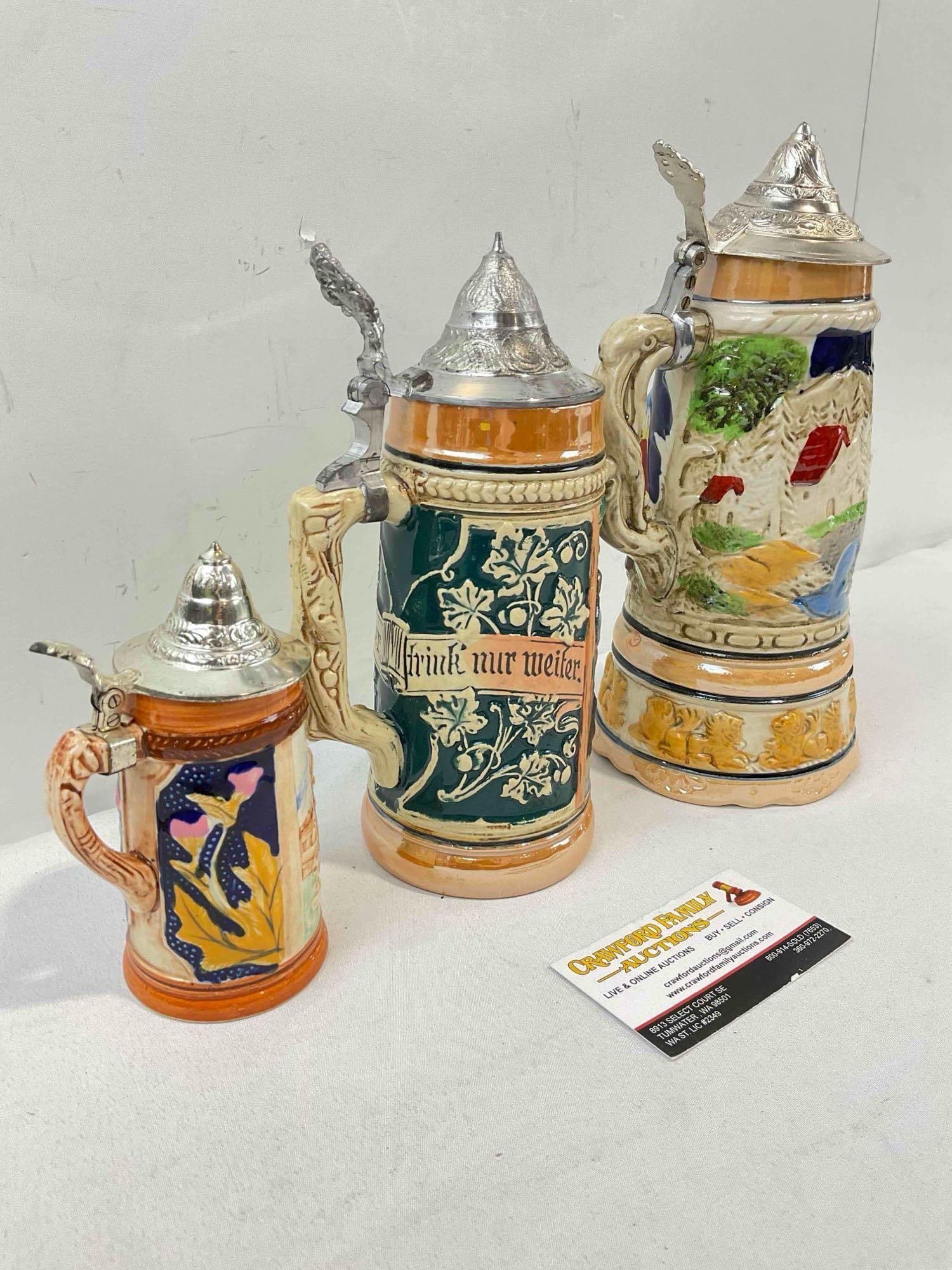 3 pcs Vintage Ceramic Beer Steins, incl. 1x Japanese Music Box. Fair Condition. See pics. - 2