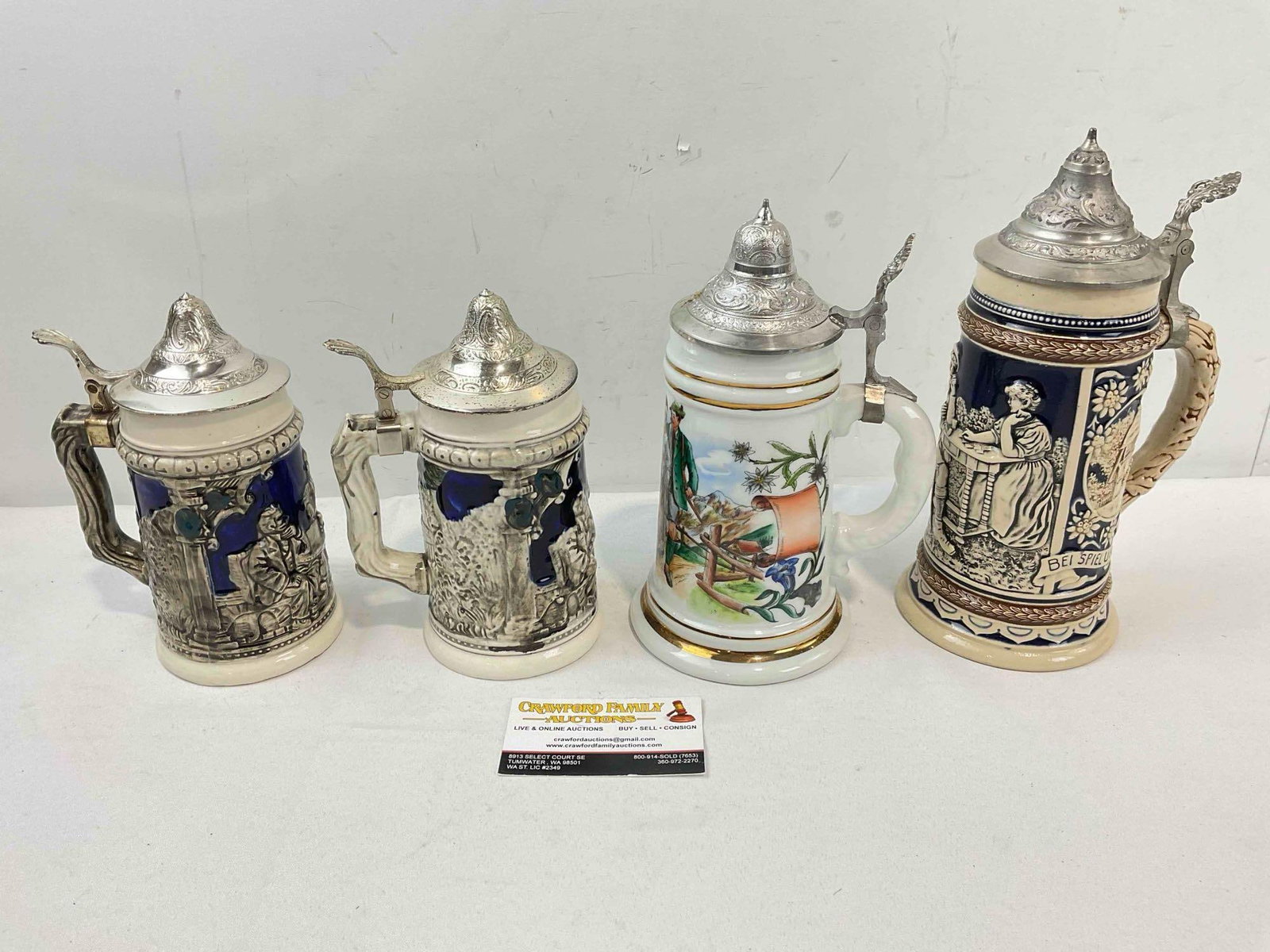 4 pcs Vintage Ceramic Beer Steins, incl. 1x Germany & 2x California. Good Condition. See pics.: 4 pcs Vintage Ceramic Beer Steins, incl. 1x Germany & 2x California. Good Condition. Minor wear indicative of age and use, otherwise looks to be in good condition. Measures 6" x 6" x 10" DM-6160