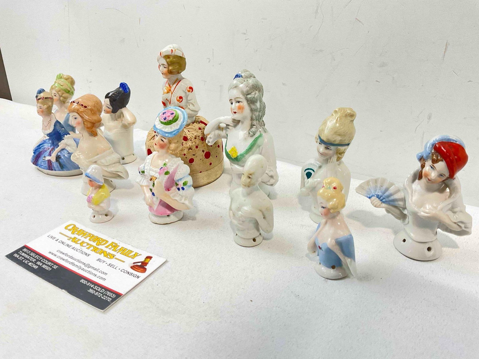 12 pcs Vintage Porcelain Half-Dolls, incl. 1x w/ Pincushion, 3x Marked Germany. Good Condition. - 2