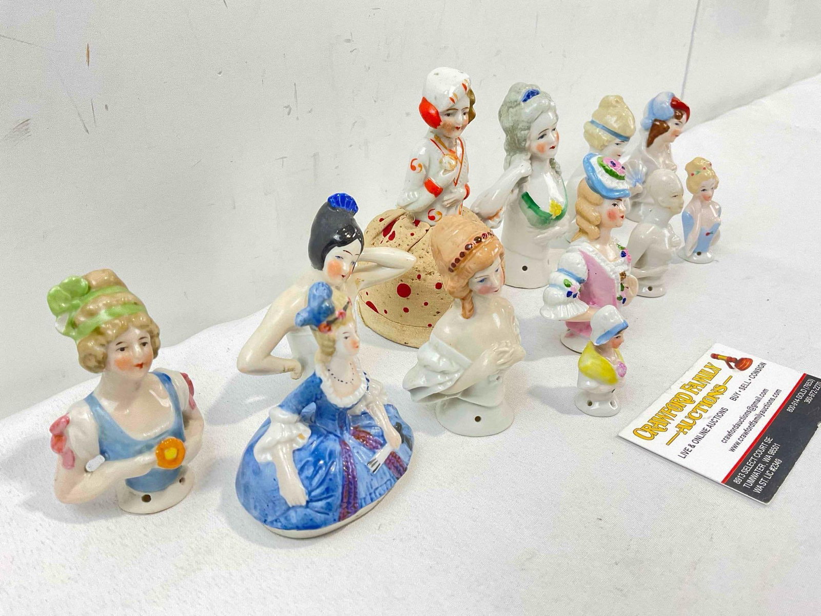 12 pcs Vintage Porcelain Half-Dolls, incl. 1x w/ Pincushion, 3x Marked Germany. Good Condition. - 3