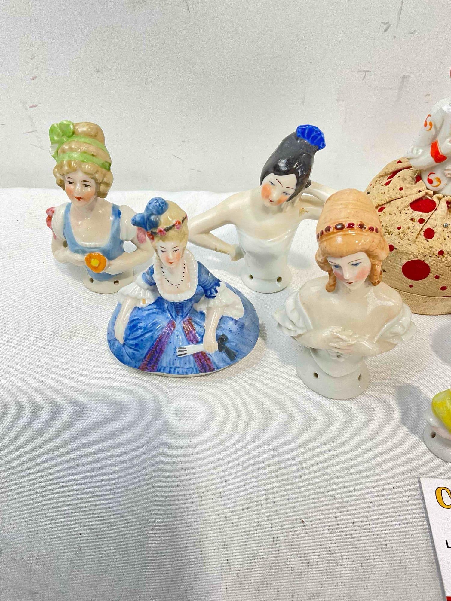 12 pcs Vintage Porcelain Half-Dolls, incl. 1x w/ Pincushion, 3x Marked Germany. Good Condition. - 4