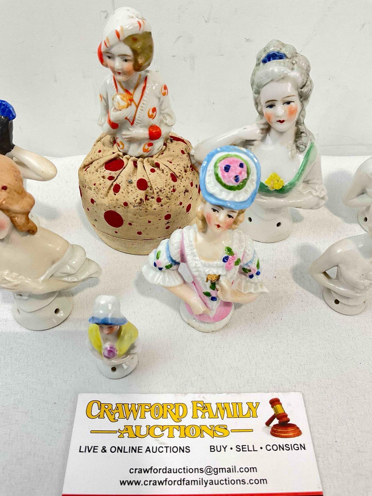12 pcs Vintage Porcelain Half-Dolls, incl. 1x w/ Pincushion, 3x Marked Germany. Good Condition. - 5