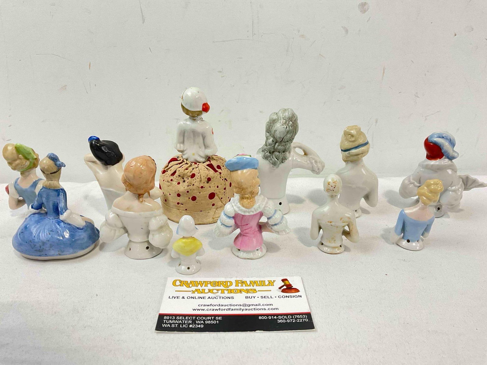 12 pcs Vintage Porcelain Half-Dolls, incl. 1x w/ Pincushion, 3x Marked Germany. Good Condition. - 6
