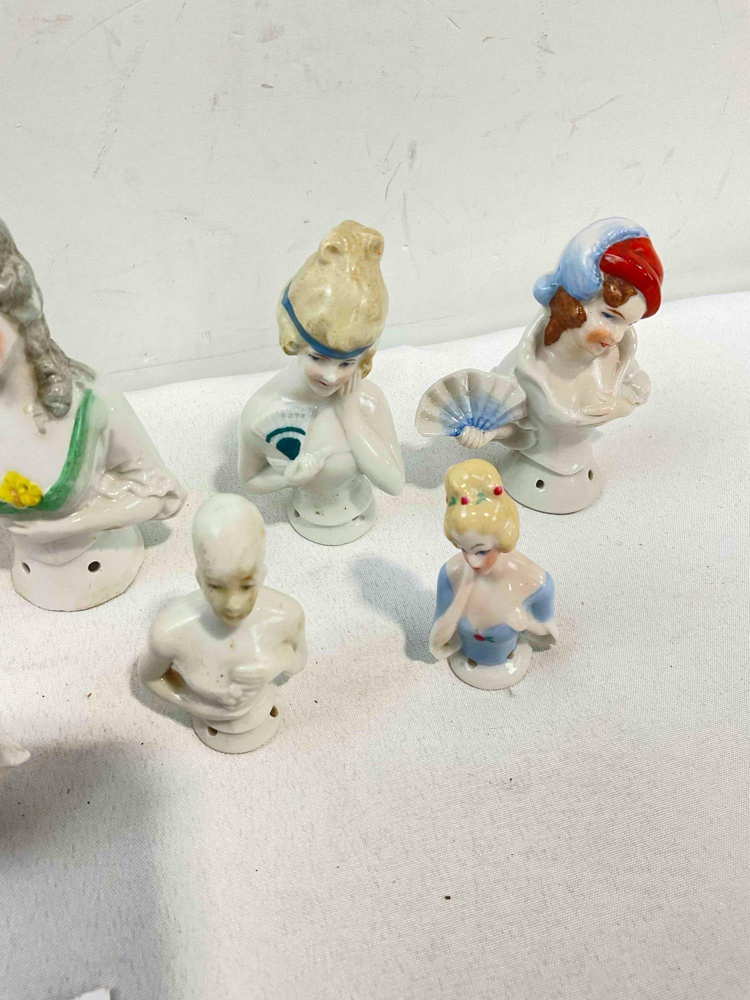 12 pcs Vintage Porcelain Half-Dolls, incl. 1x w/ Pincushion, 3x Marked Germany. Good Condition. - 7