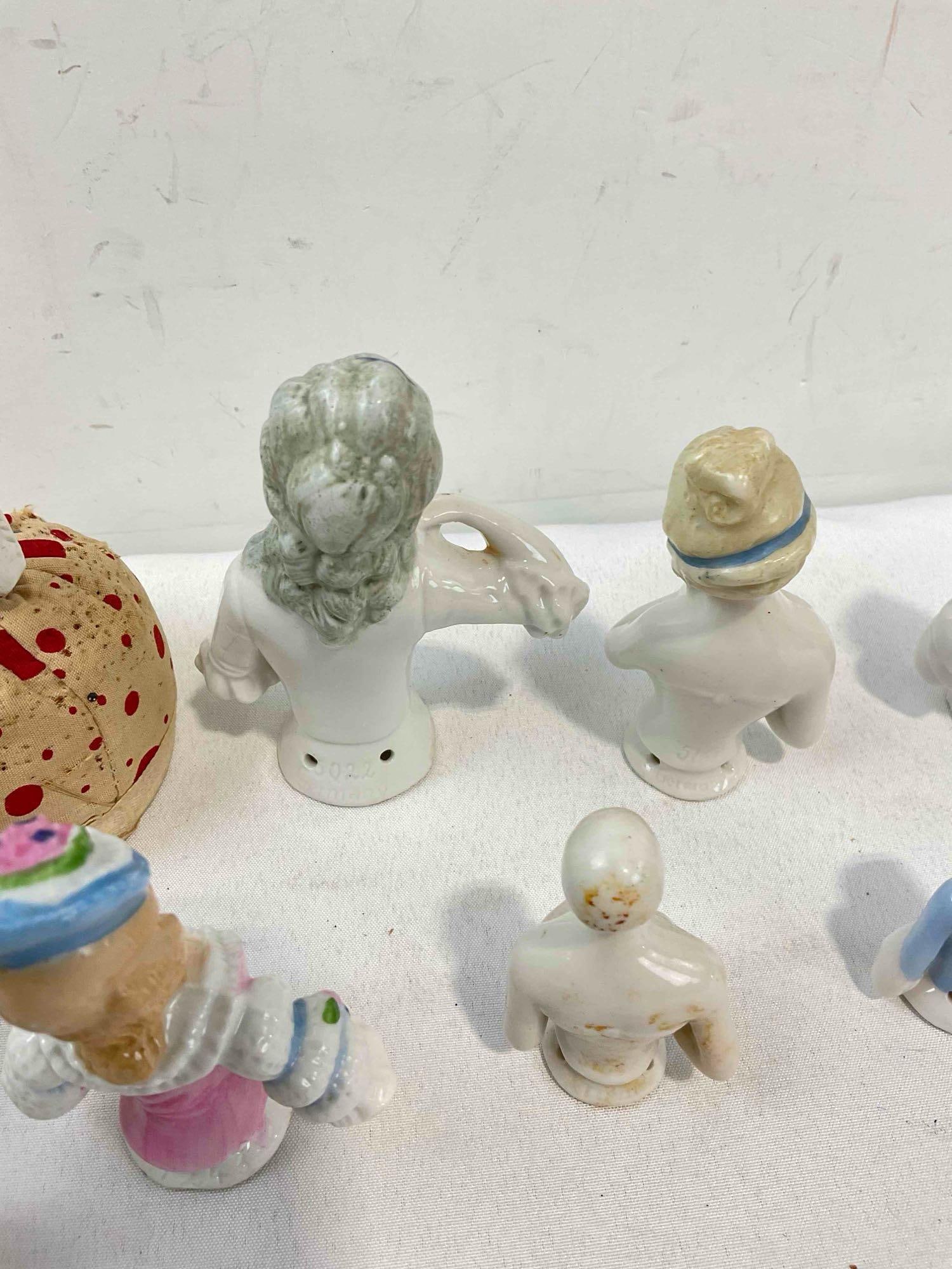 12 pcs Vintage Porcelain Half-Dolls, incl. 1x w/ Pincushion, 3x Marked Germany. Good Condition. - 8
