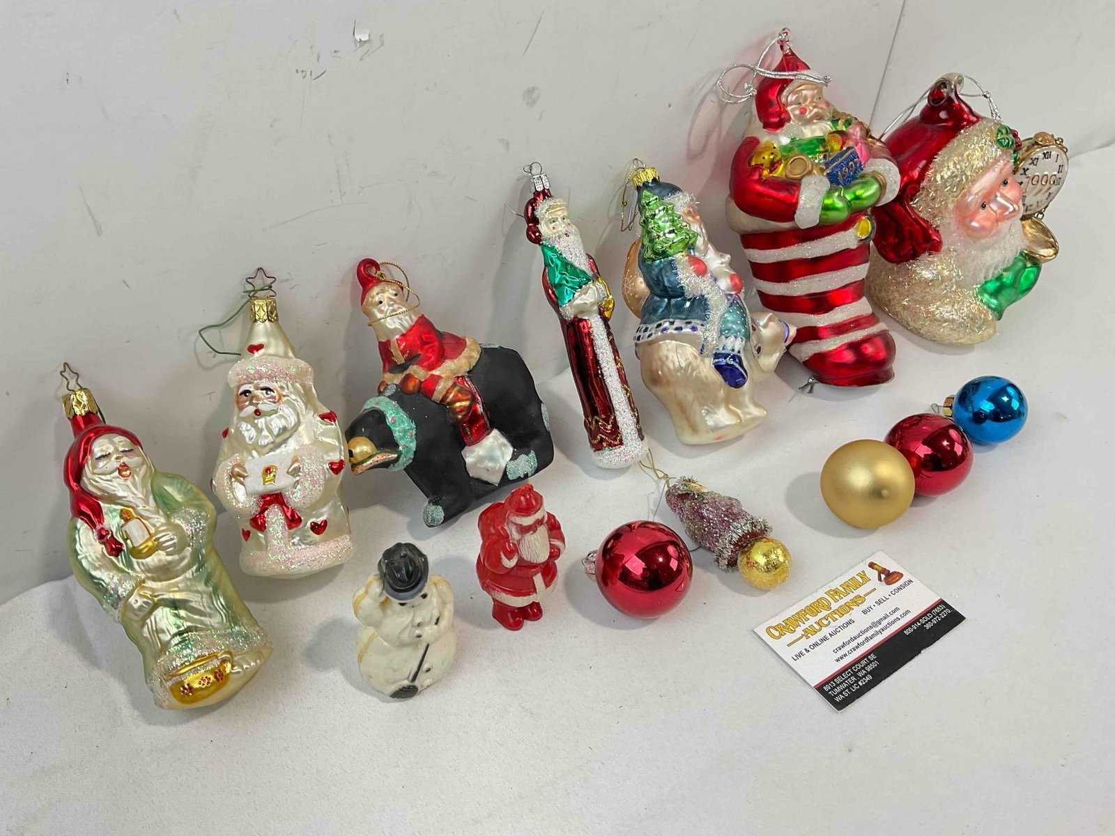 14 pcs Vintage Christmas Tree Ornaments, incl. Glass Santa on Bear, Department 56 & More. - 2