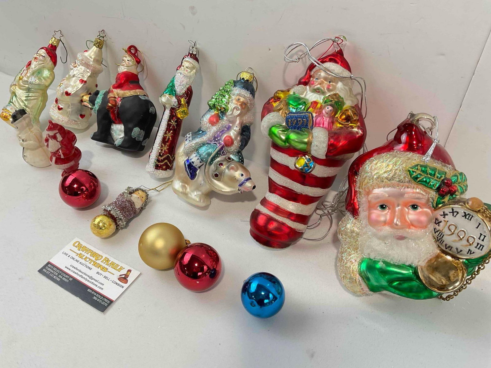 14 pcs Vintage Christmas Tree Ornaments, incl. Glass Santa on Bear, Department 56 & More. - 3