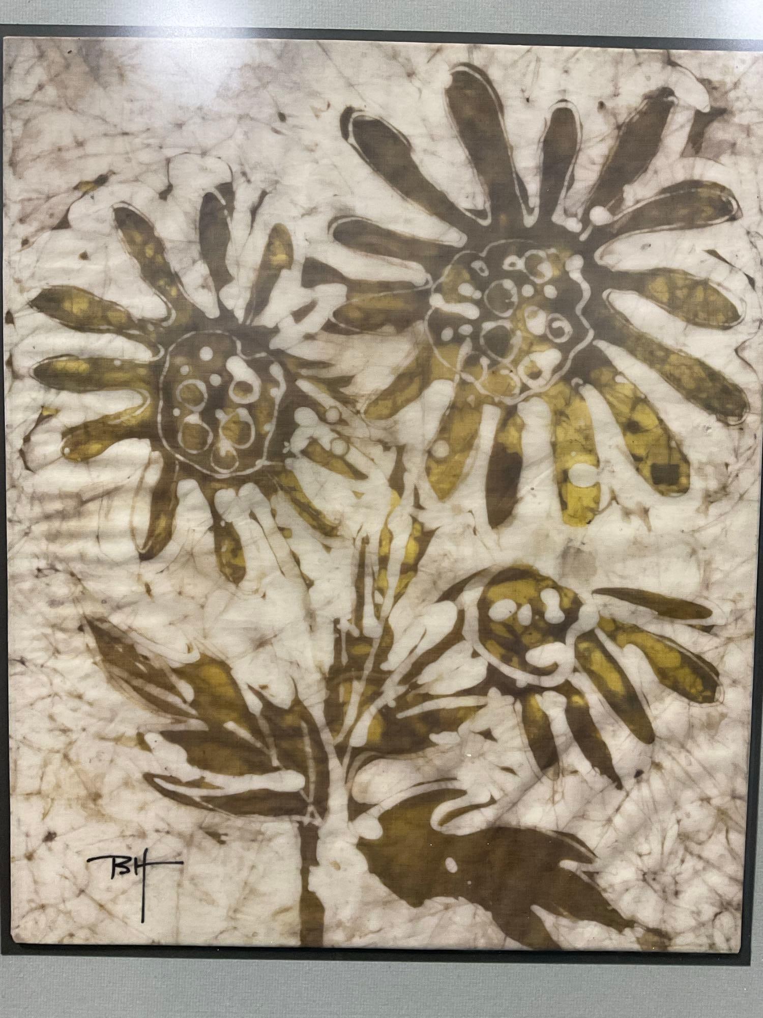 Framed Serigraph Batik Fabric Panel, Sunflower style design, signed BH, 23x19 inches - 2