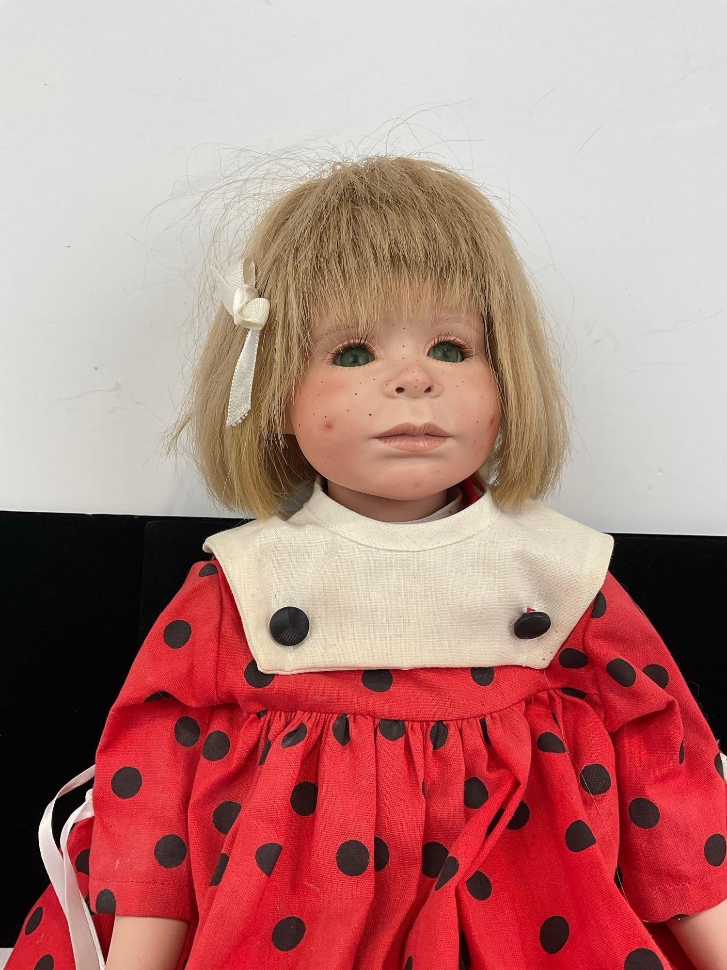 Antique Porcelain Girl Doll, Blonde Red Dress w/ Black Dots, 23h x 8w x 6d inches - 2