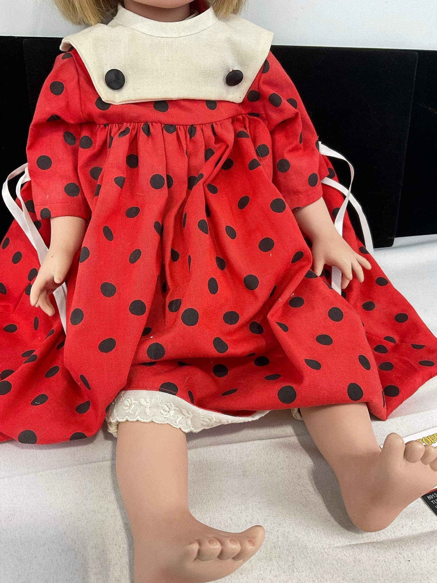 Antique Porcelain Girl Doll, Blonde Red Dress w/ Black Dots, 23h x 8w x 6d inches - 3