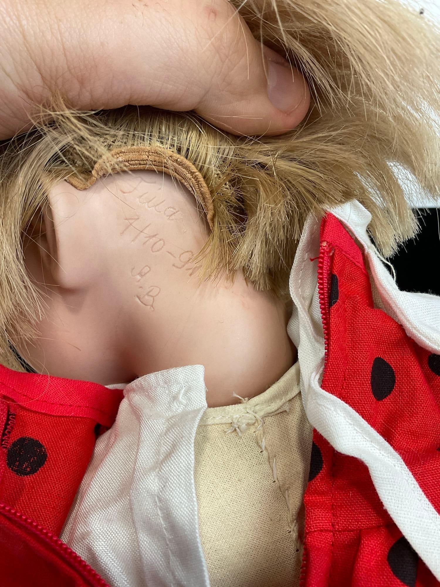 Antique Porcelain Girl Doll, Blonde Red Dress w/ Black Dots, 23h x 8w x 6d inches - 4