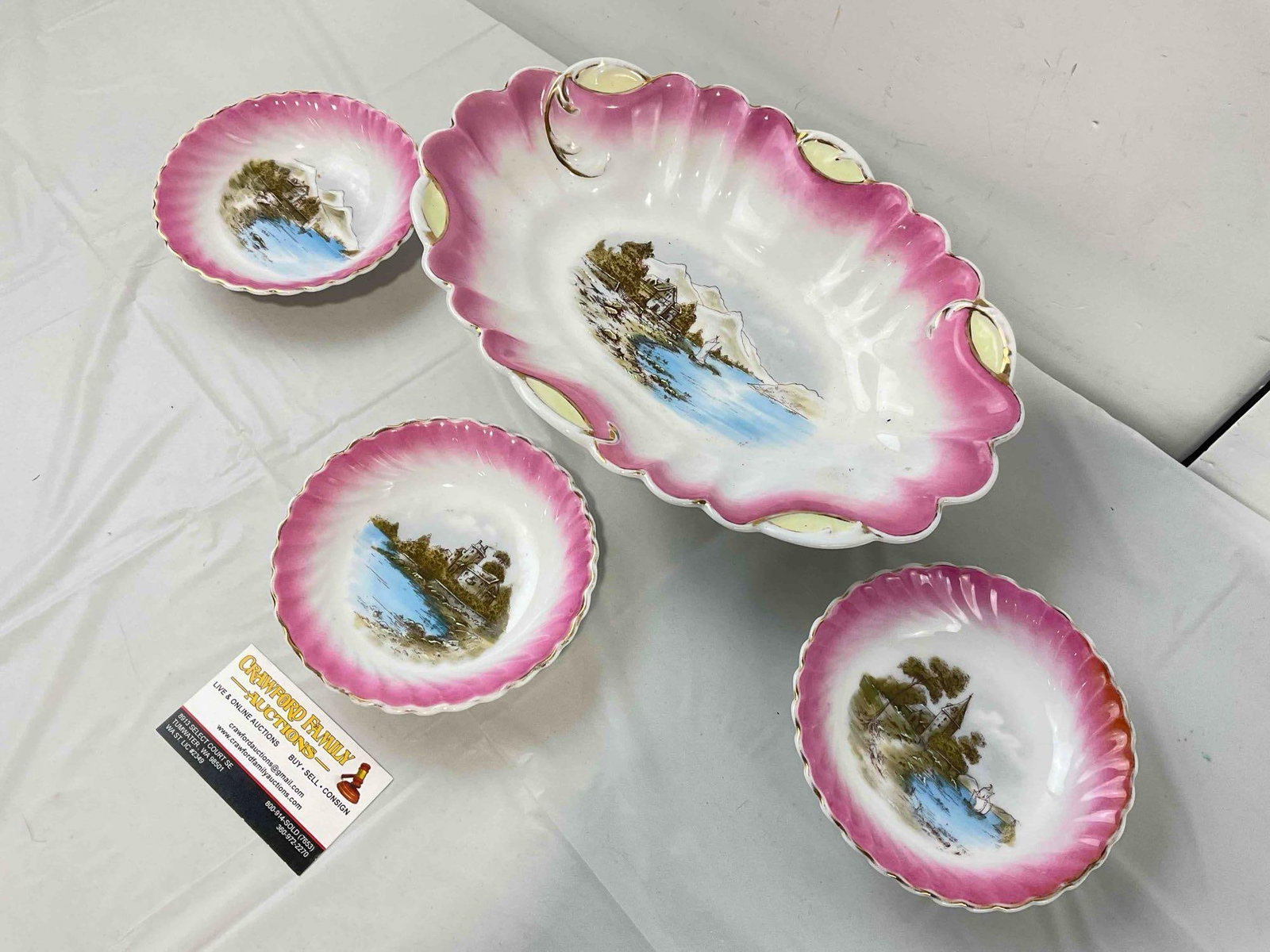 4 pcs Vintage White & Pink Porcelain Dishes w/ Hand Painted Beach Scenes. Excellent Condition. - 2