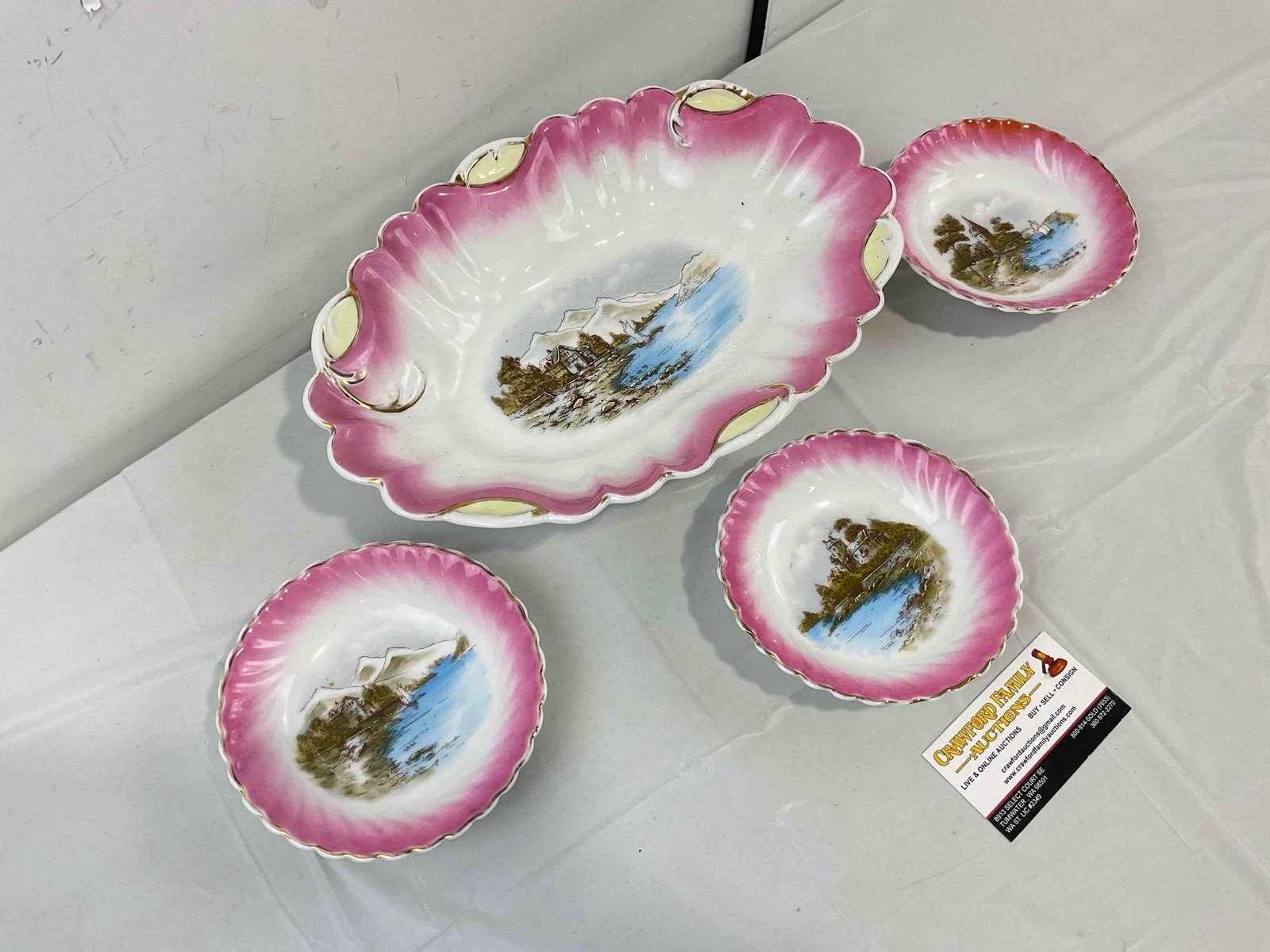 4 pcs Vintage White & Pink Porcelain Dishes w/ Hand Painted Beach Scenes. Excellent Condition. - 3