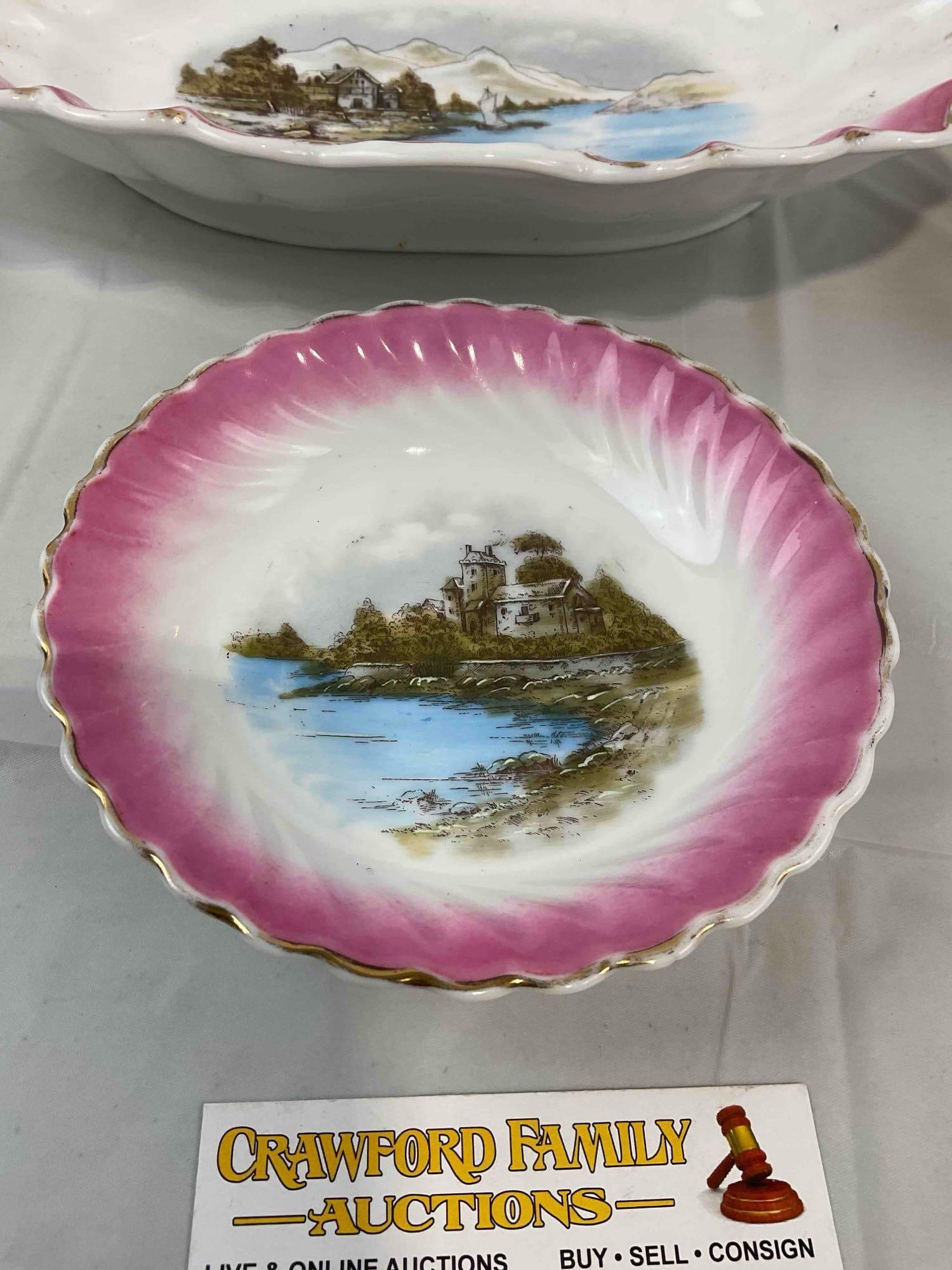 4 pcs Vintage White & Pink Porcelain Dishes w/ Hand Painted Beach Scenes. Excellent Condition. - 5