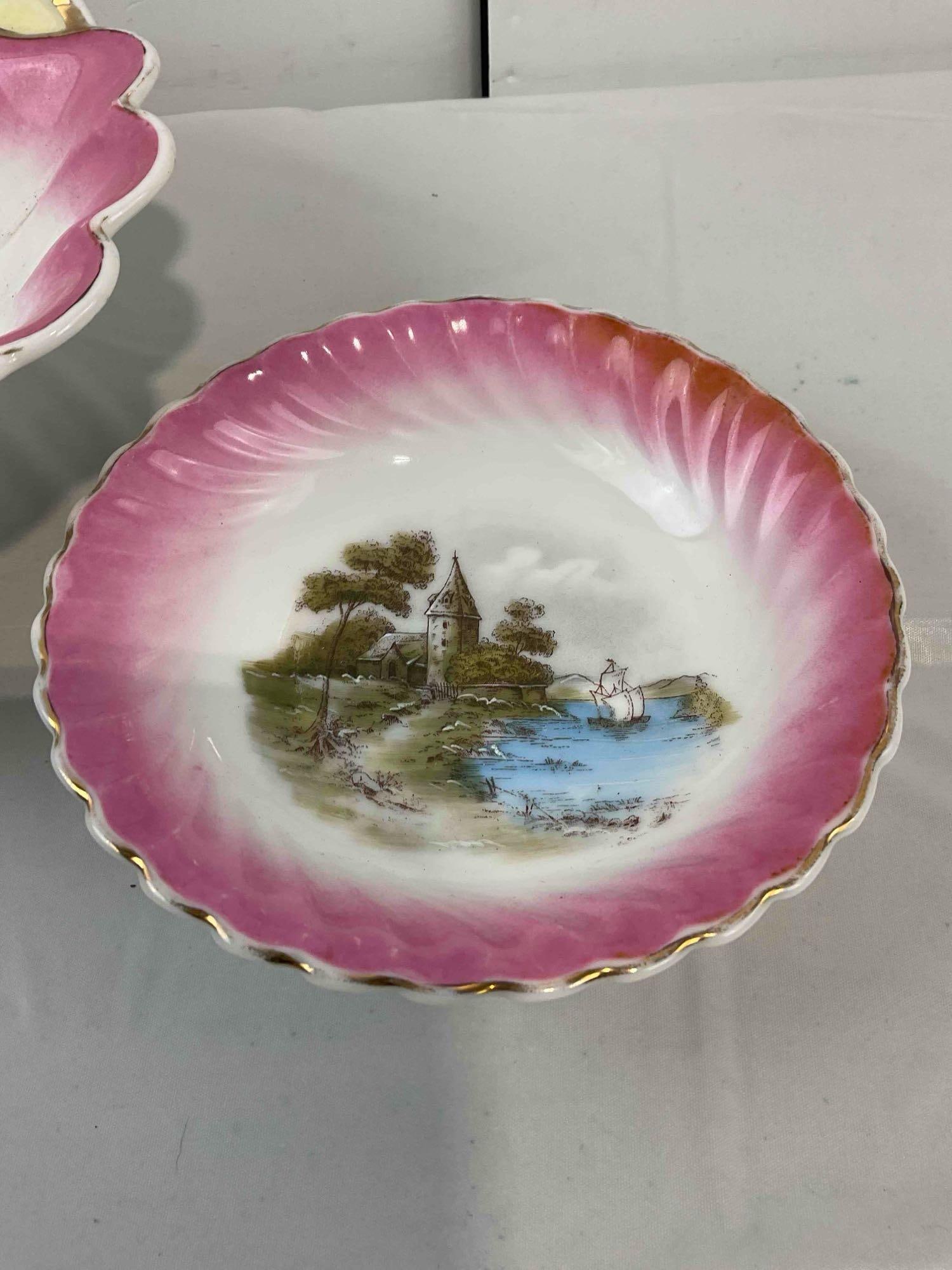 4 pcs Vintage White & Pink Porcelain Dishes w/ Hand Painted Beach Scenes. Excellent Condition. - 6