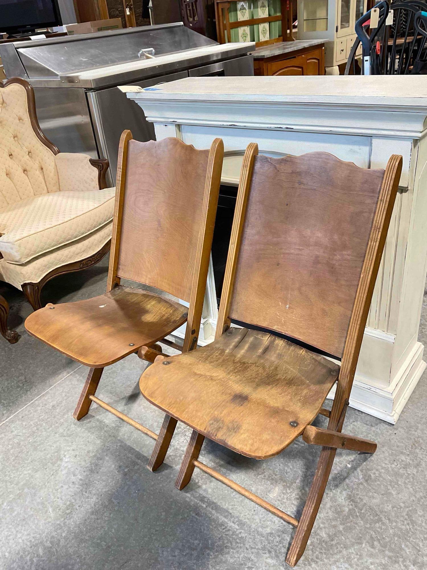 Pair of Vintage Maple Veneer Folding Chairs from the Woman's Club of Olympia. As Is Condition. - 3
