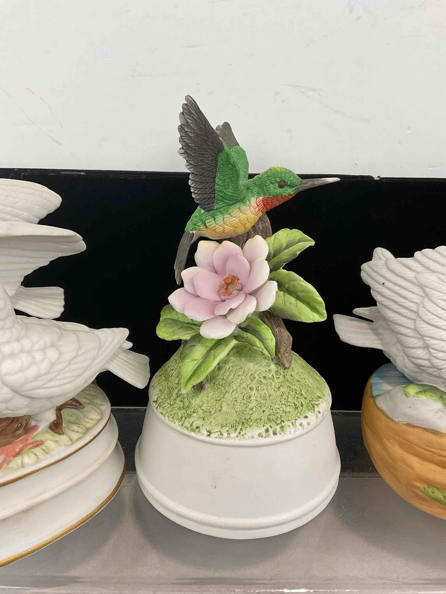 3 Bisque Porcelain Bird Music Boxes, Towle, Schmid, Doves, Hummingbirds, Geese - 4