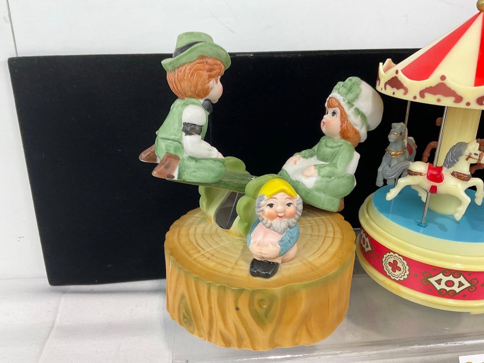 3 Music Boxes, Plastic Carousel, 2x Porcelain, Bradley Import Carousel Horse & Lego Taiwan Seesaw - 2