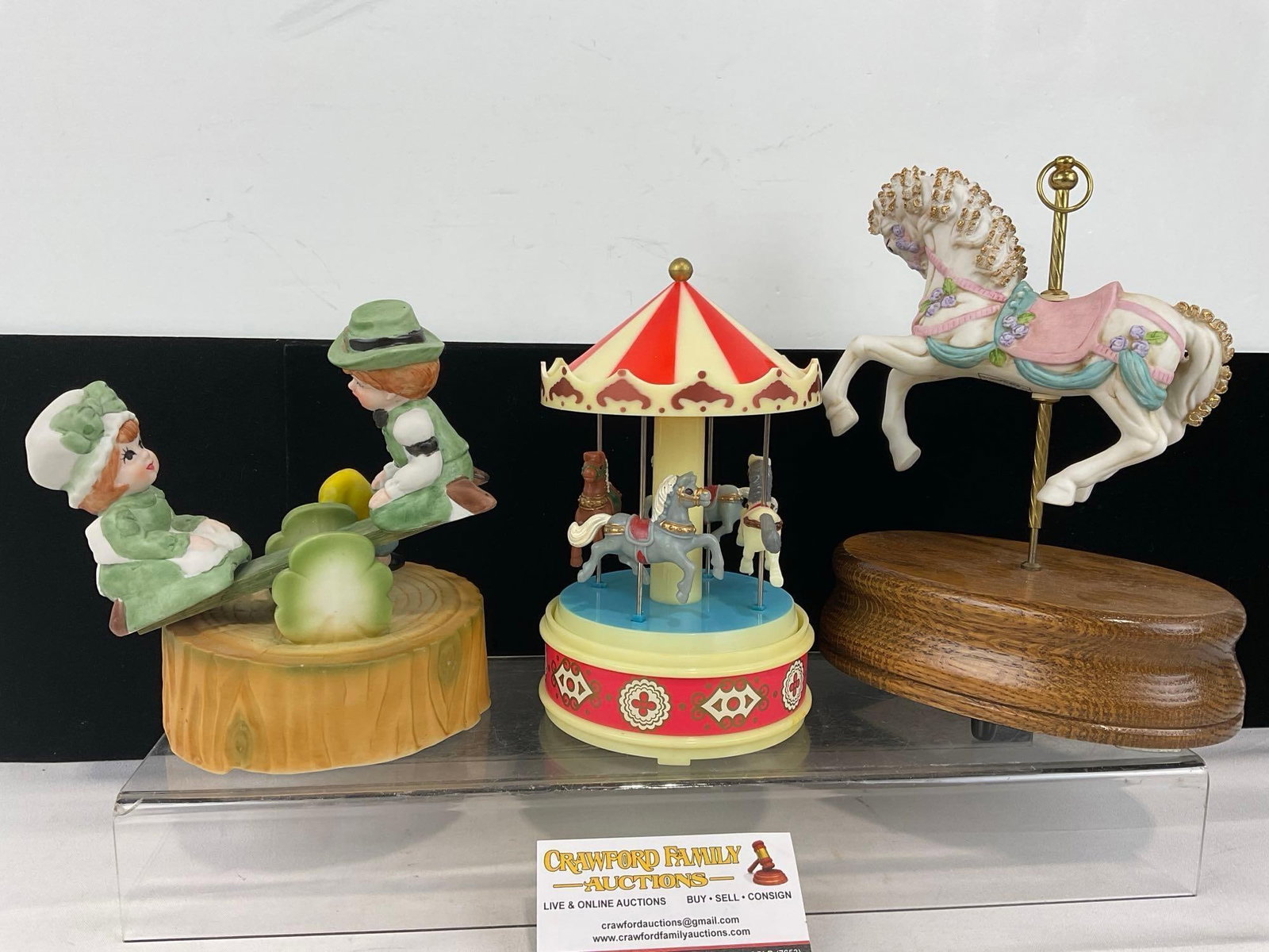 3 Music Boxes, Plastic Carousel, 2x Porcelain, Bradley Import Carousel Horse & Lego Taiwan Seesaw - 4