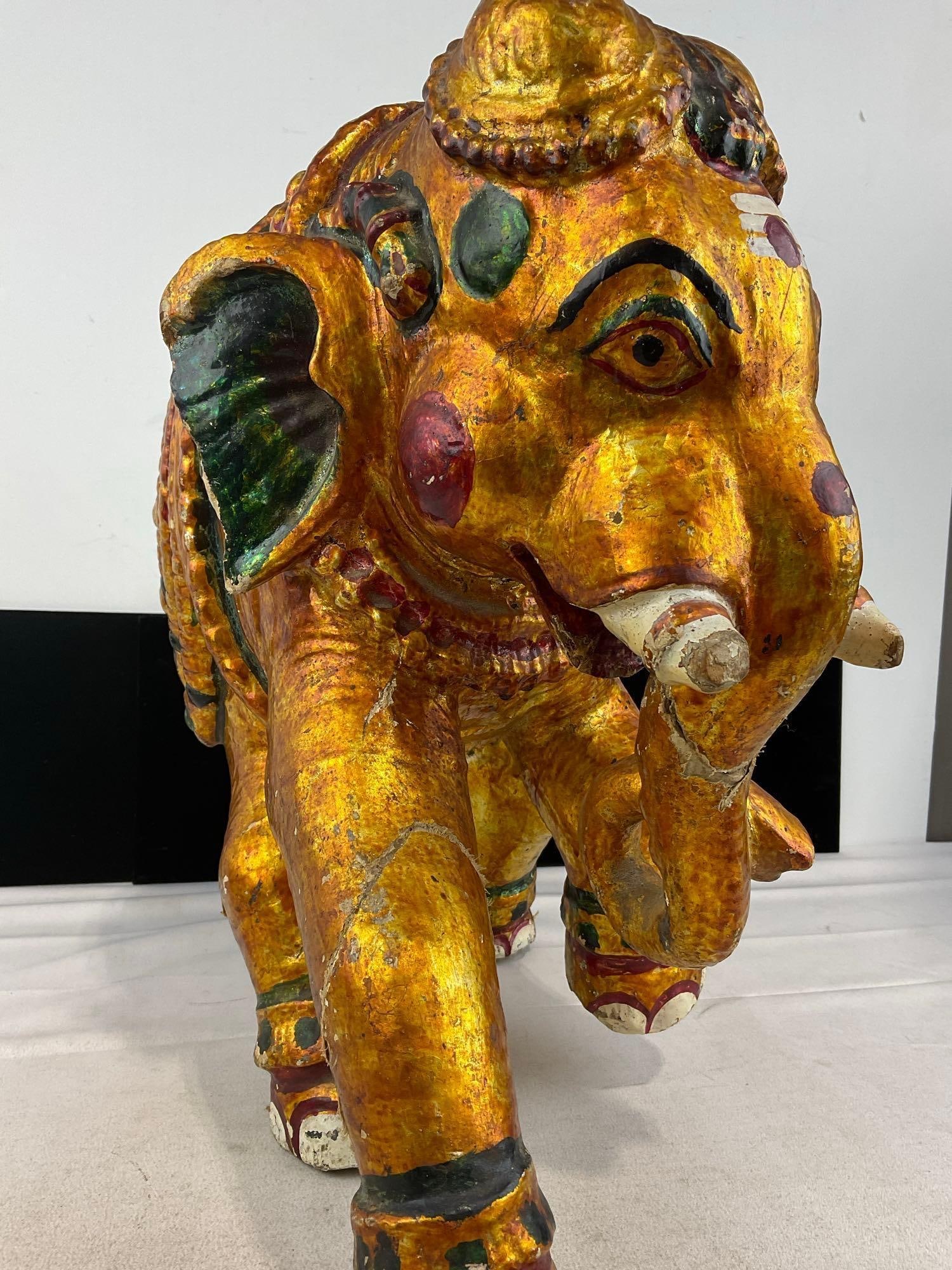 Large Plaster Indian Elephant Sculpture, gilt finish & handpainted, shows wear, 18x18x11 inches - 4