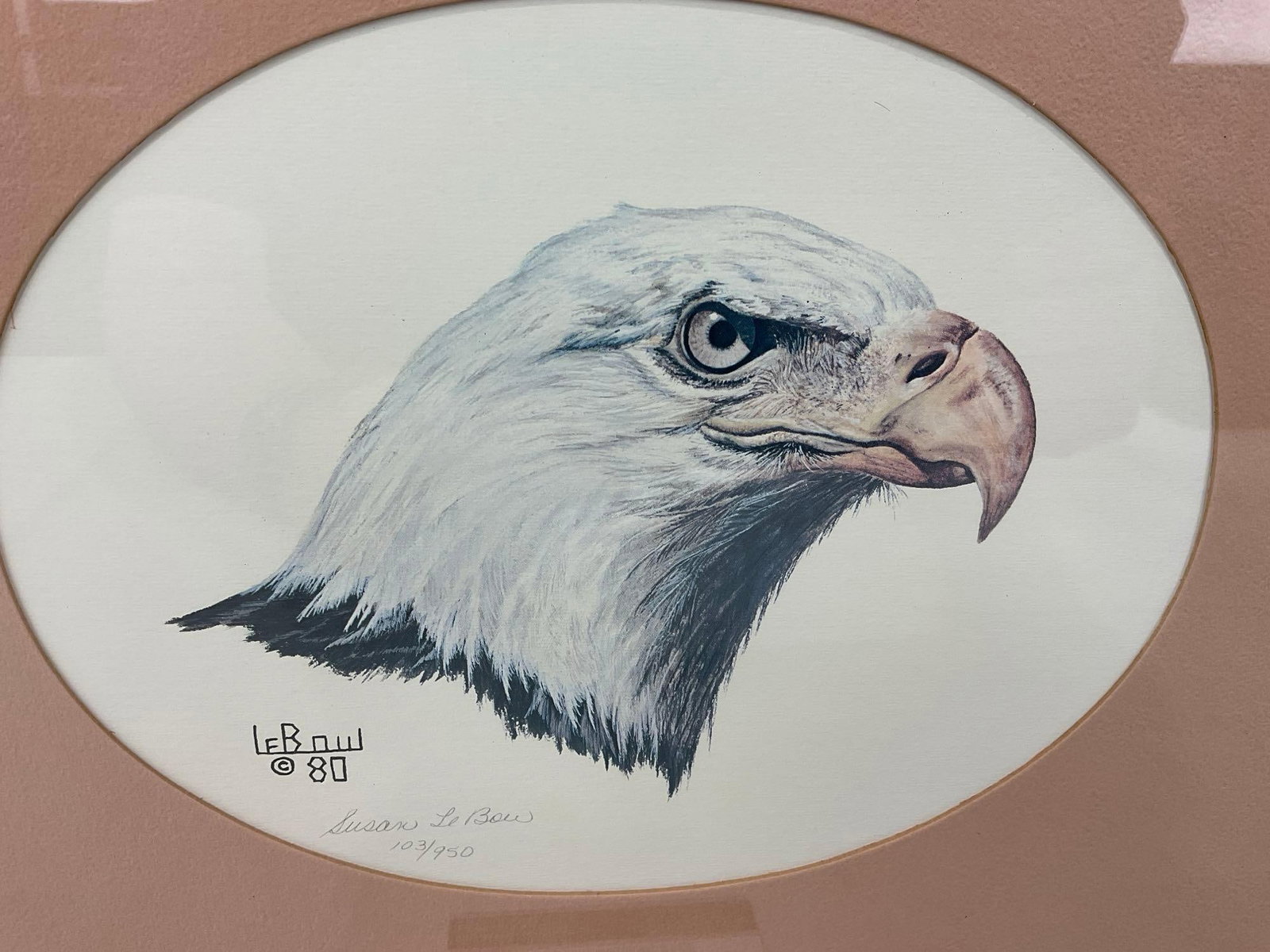 Framed Litho, Signed & #d 103/950, Bald Eagle by Susan LeBow 1980, 13x16 inches - 2