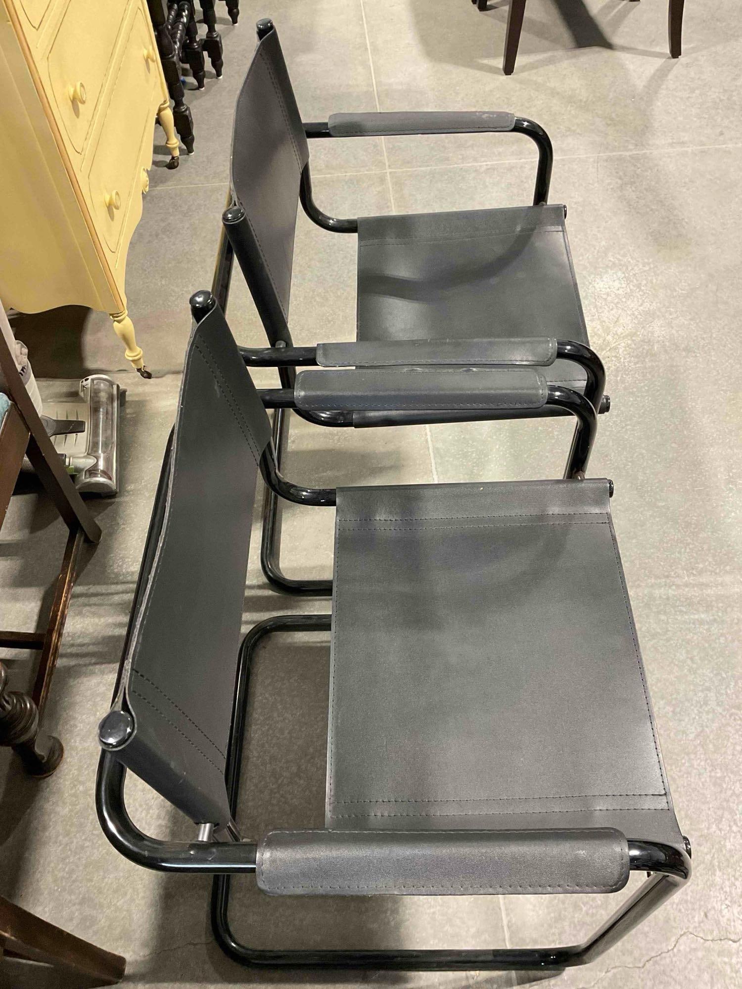 Pair of Black Metal & Faux Leather Cantilever Chairs. Fair Condition. Measures 24" x 21" x 32" - 3