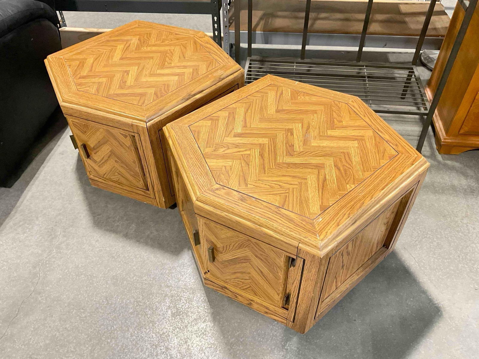 Pair of Oak Wood Finish Hexagonal Side Tables w/ Storage Cubbies & Parquet Pattern. - 2