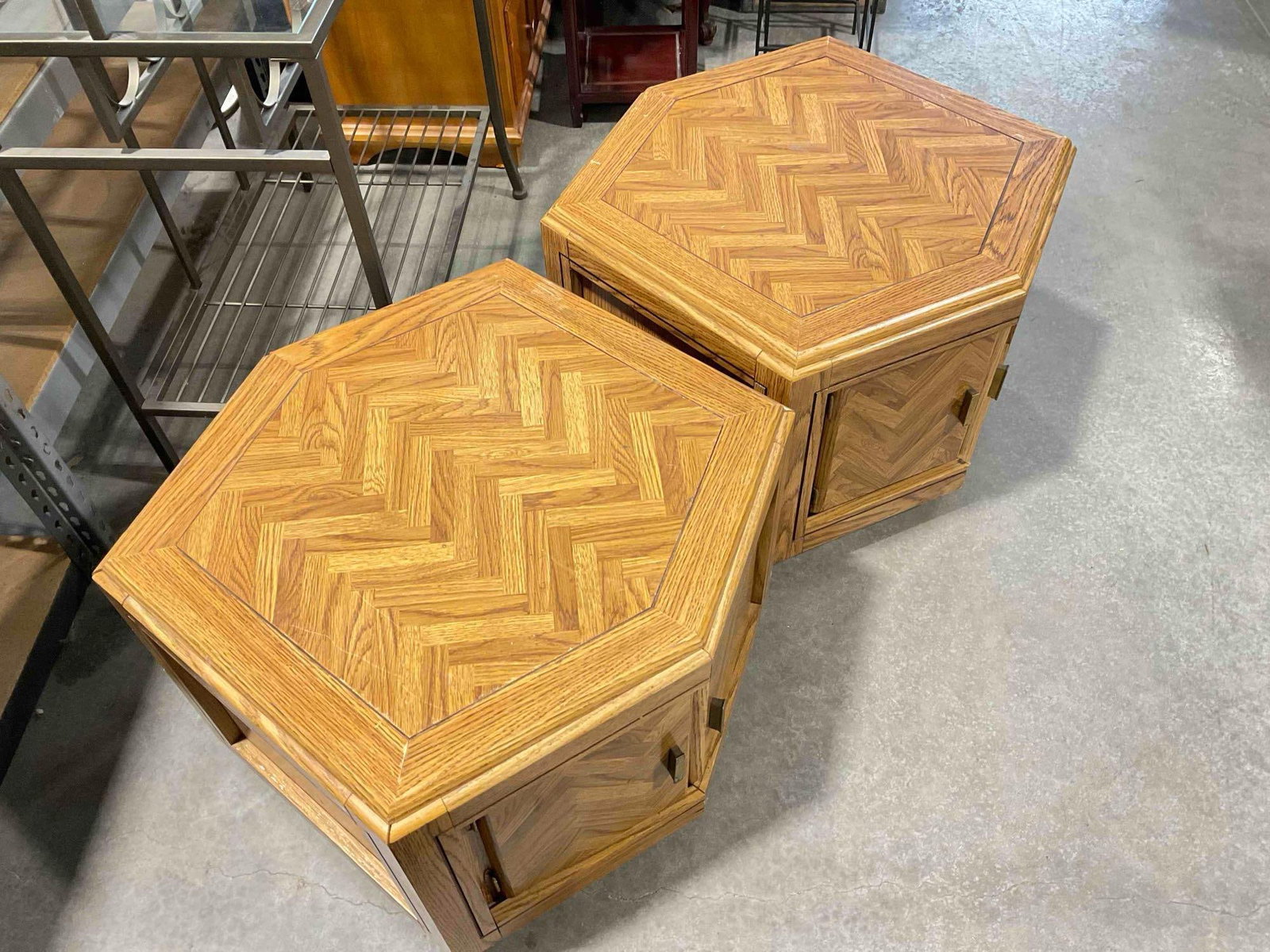 Pair of Oak Wood Finish Hexagonal Side Tables w/ Storage Cubbies & Parquet Pattern. - 3