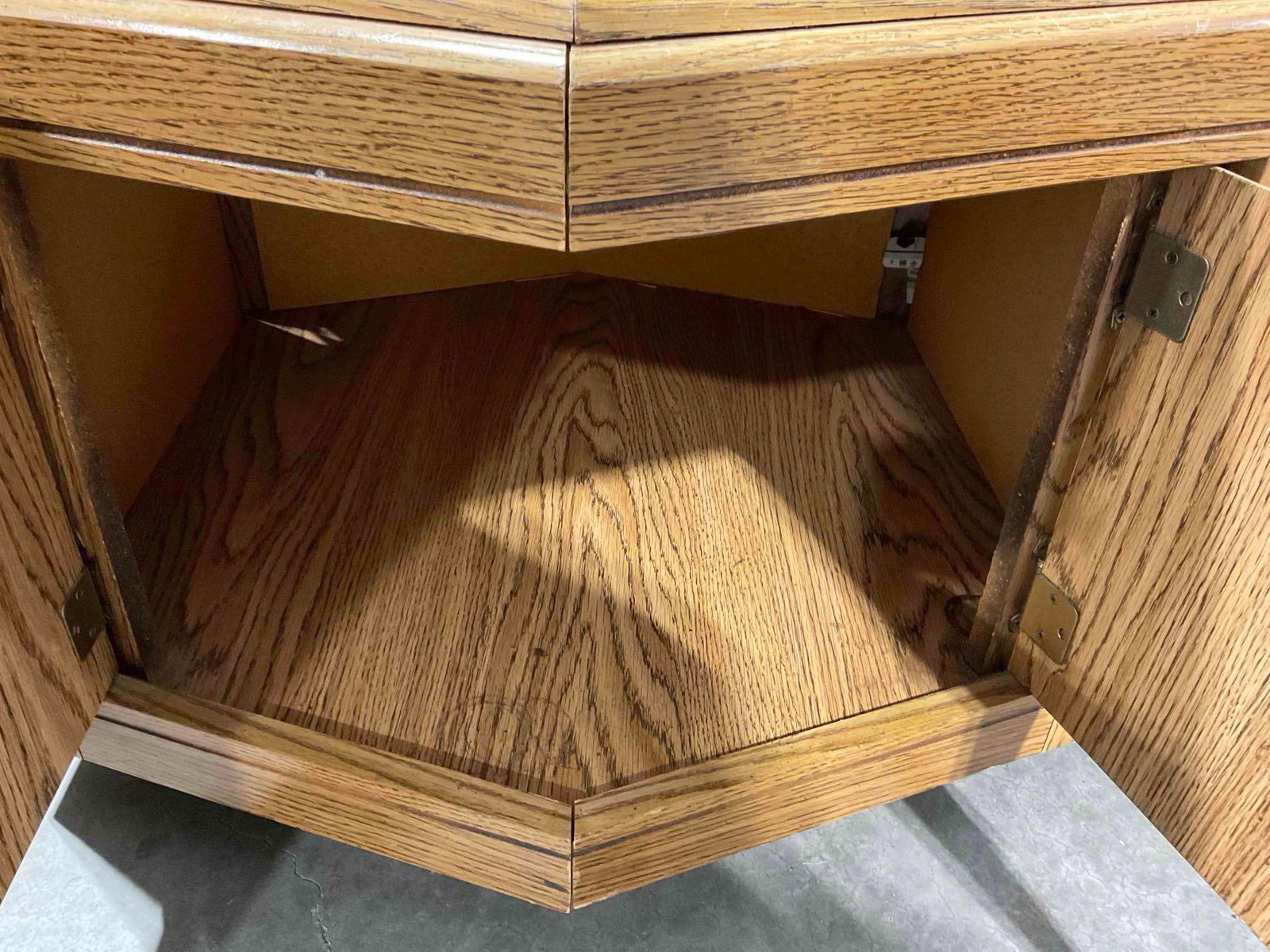 Pair of Oak Wood Finish Hexagonal Side Tables w/ Storage Cubbies & Parquet Pattern. - 5