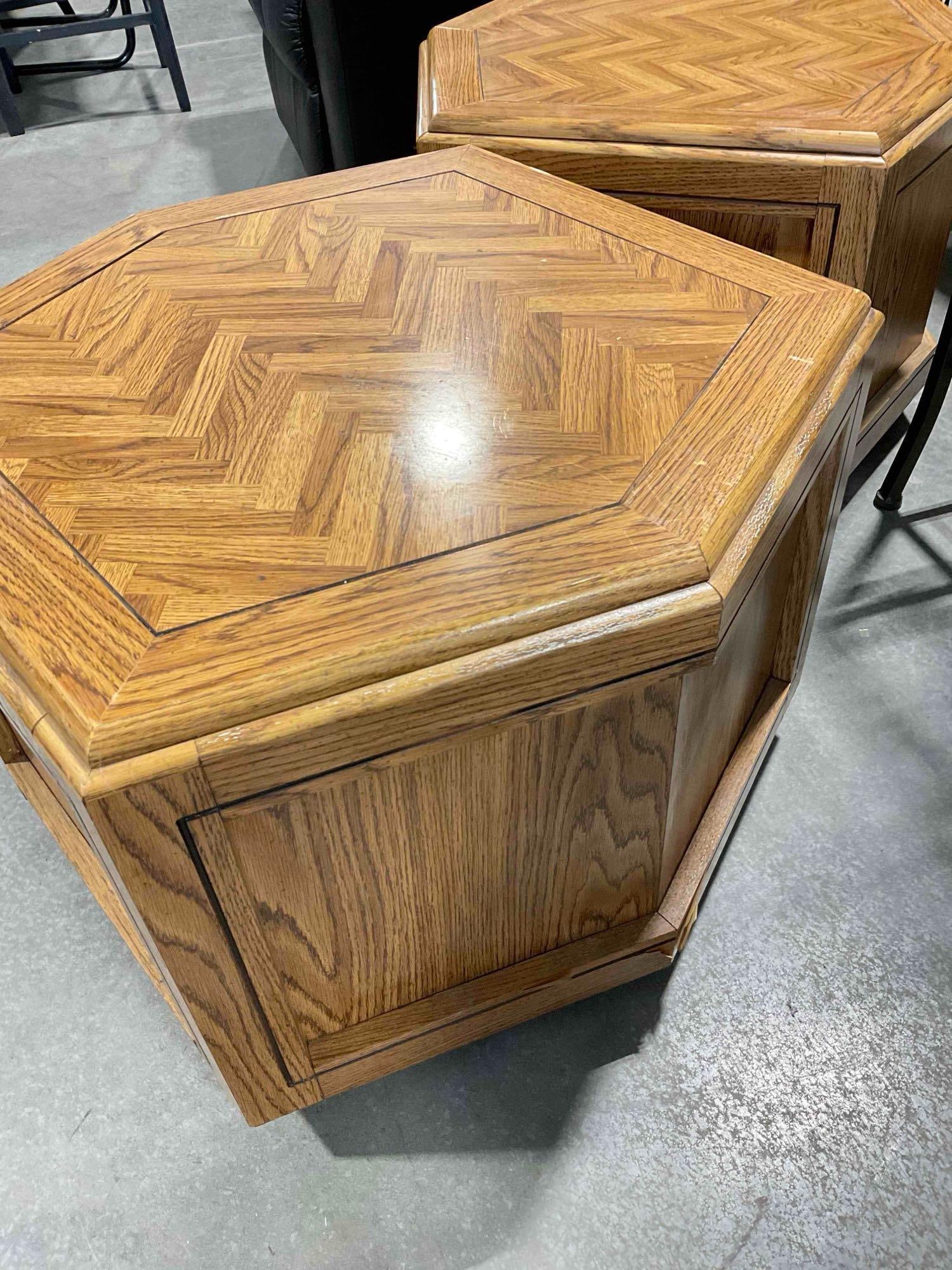 Pair of Oak Wood Finish Hexagonal Side Tables w/ Storage Cubbies & Parquet Pattern. - 6