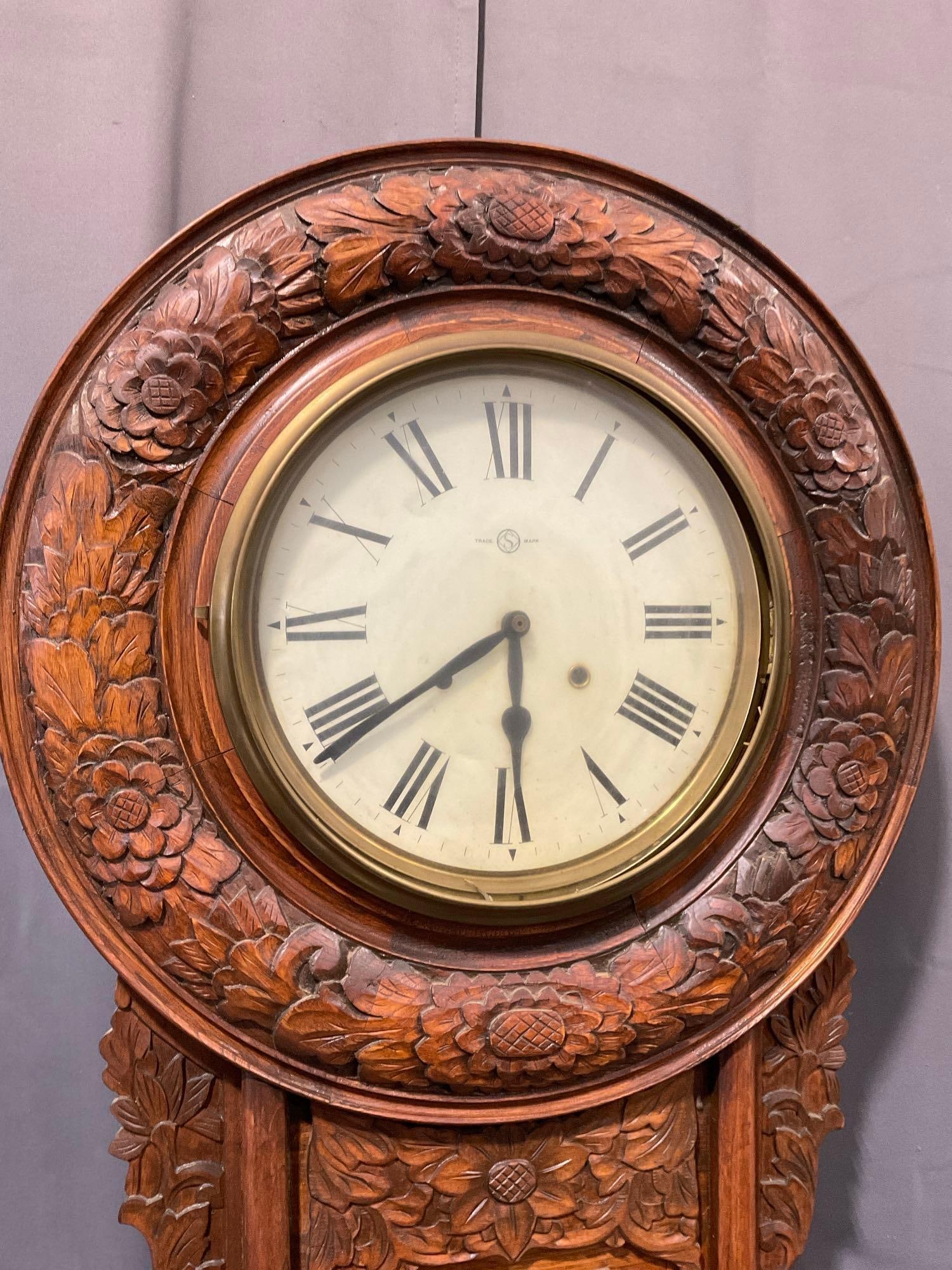 Rare Antique Regulator Clock, Seikosha Clock Company, Ornately floral carved details, Time Strike - 2